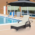 Wicker Chaise Lounge, Outdoor Lounge Chair, PE Rattan Patio Sun Lounger with Head-Rest, 5-Level Height Adjust Backrest, Cushion & Wheels, Mixed Brown and Dark Blue