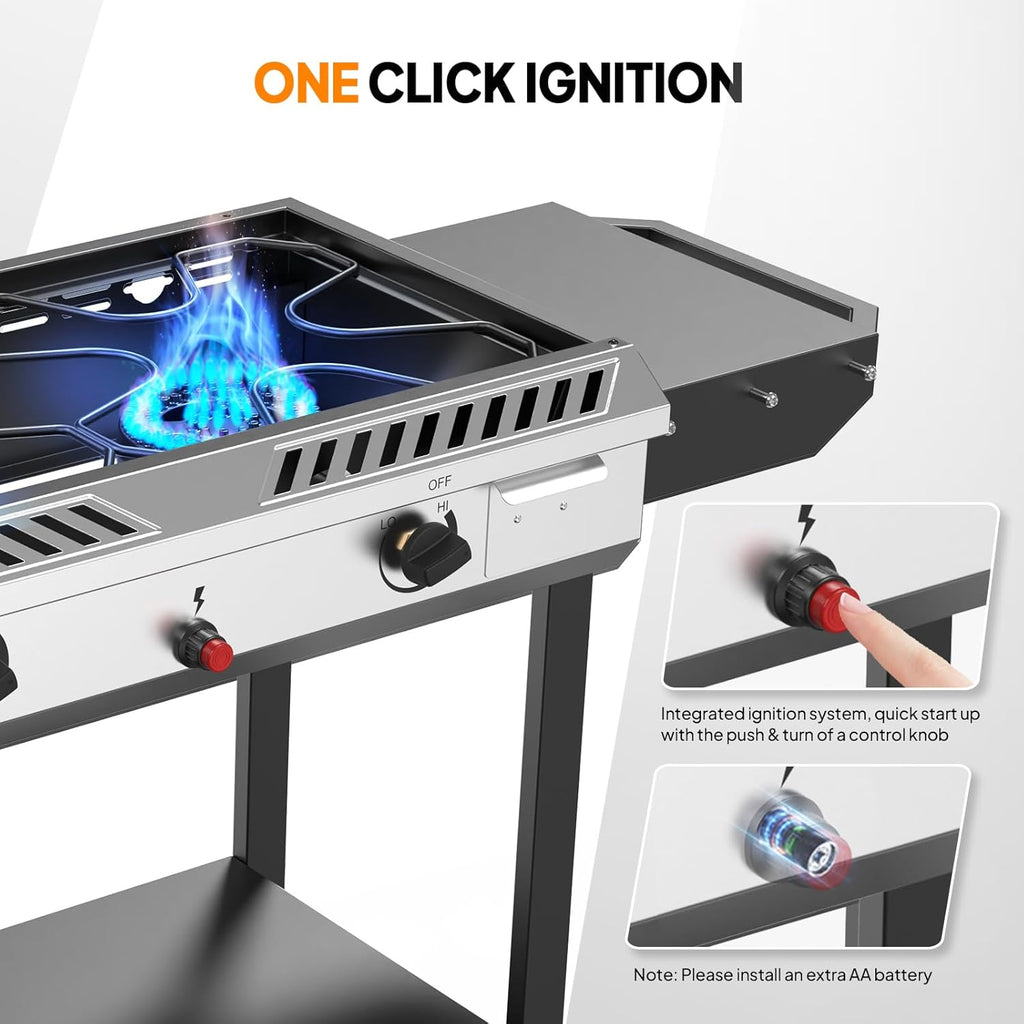 2 Burner Outdoor Propane Gas Stove with Griddle, Auto-ignition, Regulator & Side Shelves, 150,000 BTU Powerful Stand Cooker for Backyard Cooking Home Brewing Canning Frying Grilling