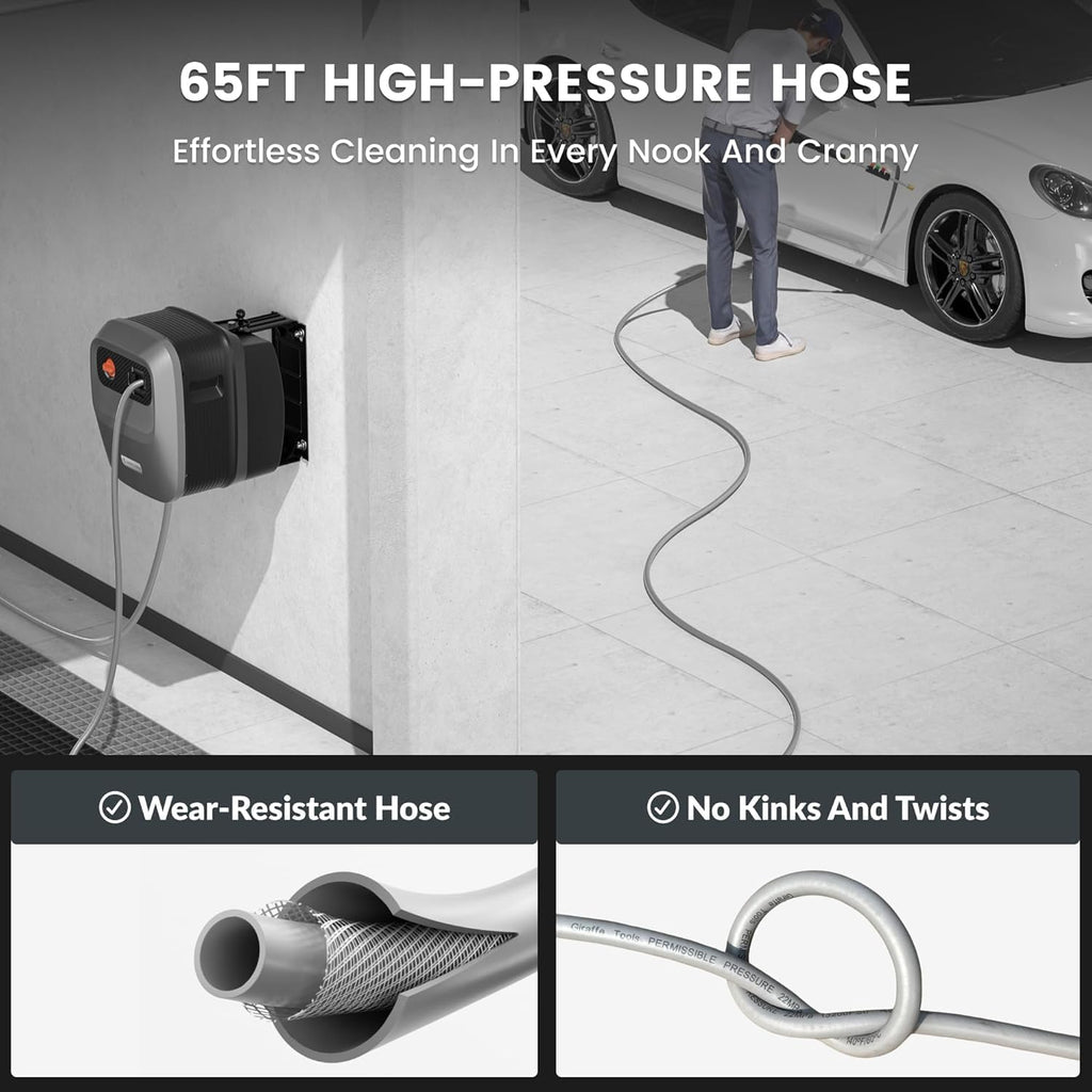 Pressure Washer G20 Pro, 2500 PSI 2.2 GPM, Wall Mounted Power Washer with 65FT Hose Reel, 4 Nozzles, Foam Cannon for Floor/Cars/Fences/Patios, Dark Silver