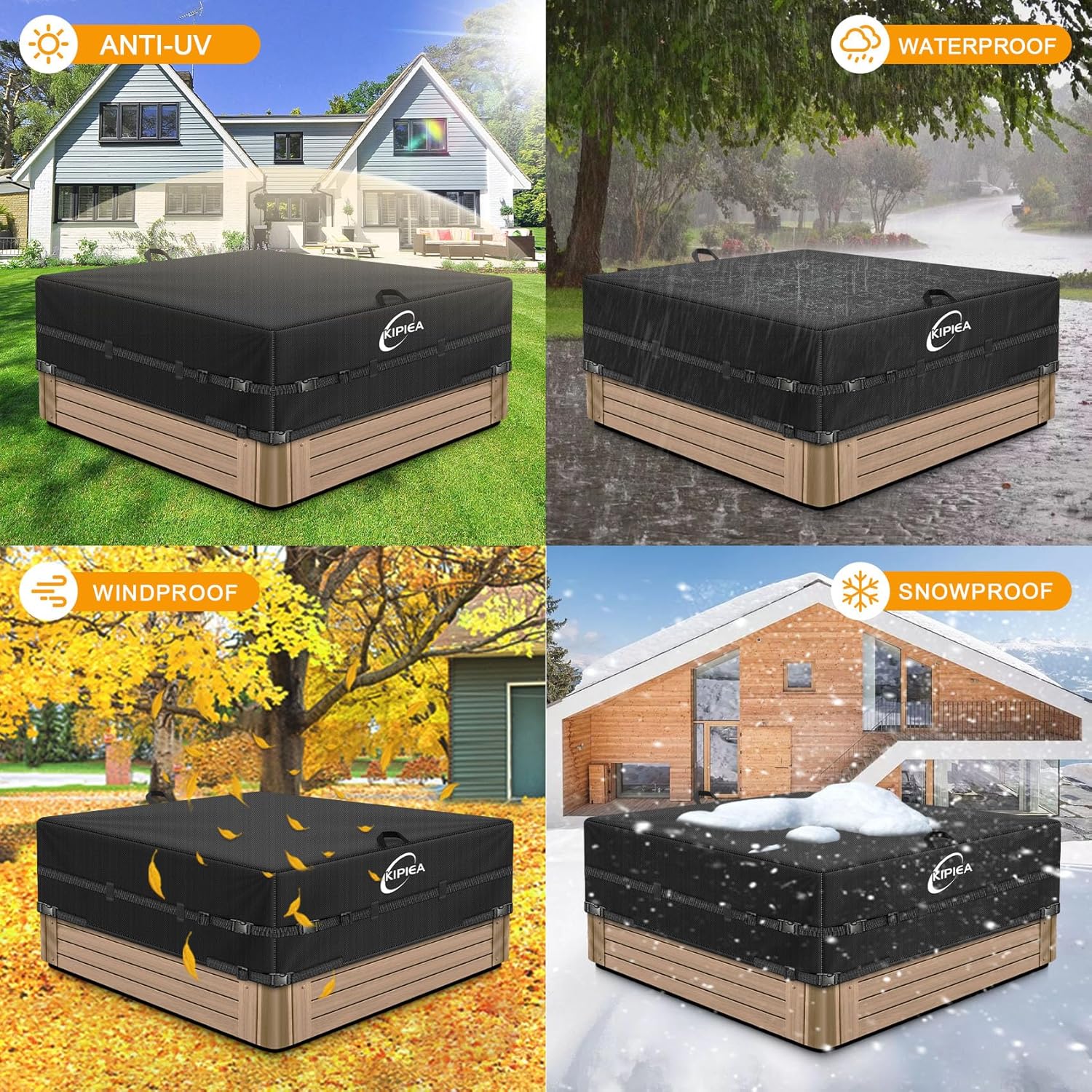 Kipiea Waterproof Square Hot Tub Cover Protector, Heavy Duty Polyester SPA Cover UV Protection Cover for Hot Tub (85" L x 85" W x 20" H)