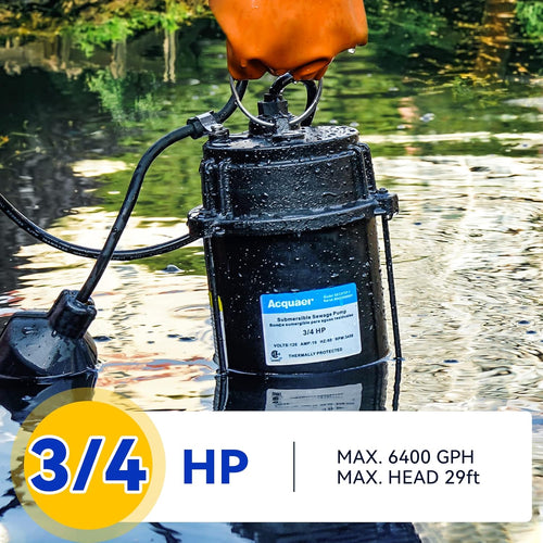 3/4 horsepower submersible sewage discharge pump, cast iron material, 115 volts, 6400 gallons per hour, automatic tethered float switch, for sewage pits, basements, and collection pits of residential sewage, 2-inch NPT outlet