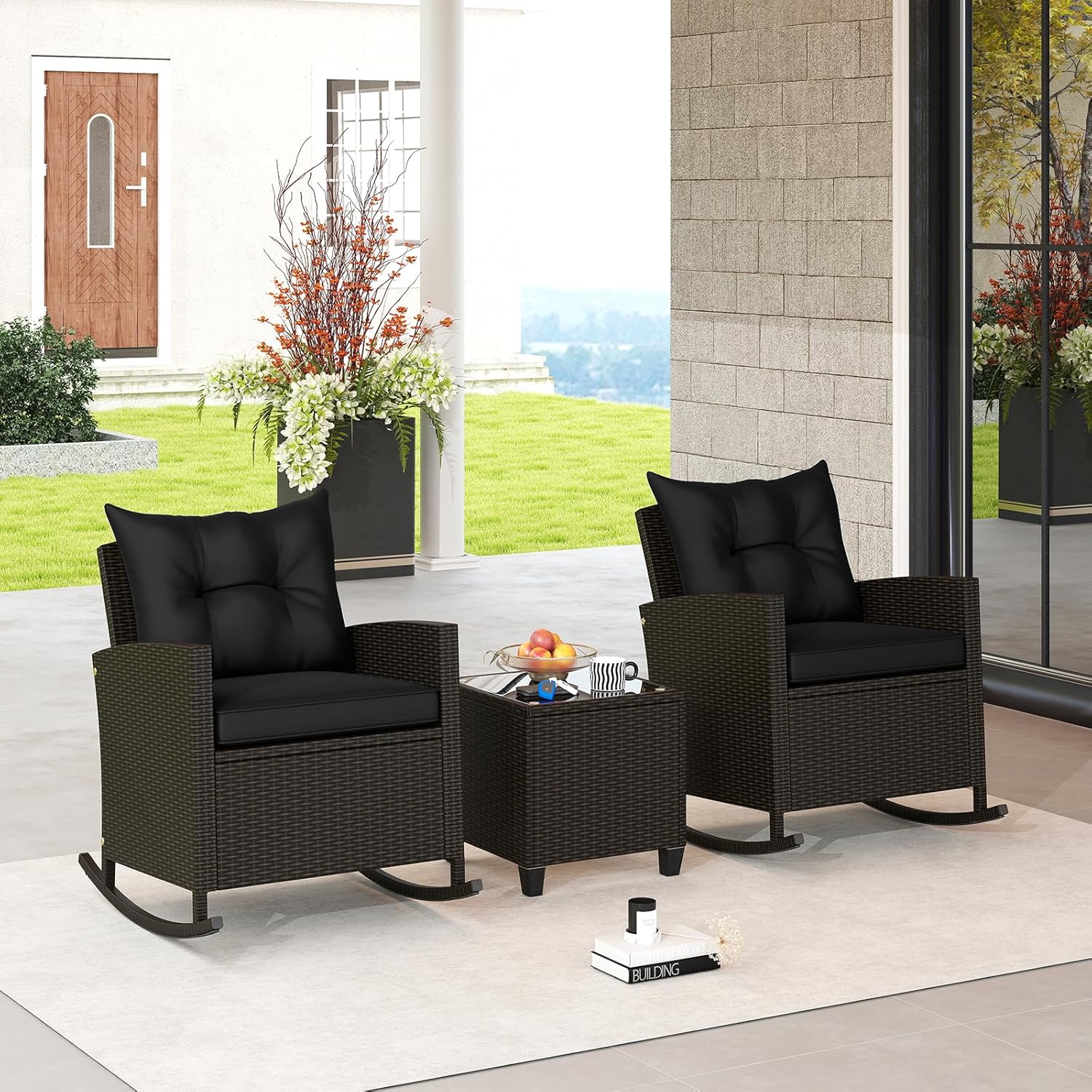 3 Pieces Patio Furniture Set, Outdoor Wicker Rocking Chairs with Soft Cushions, Glass Coffee Table, Rattan Conversation Bistro Rocker Set for Front Porch Balcony Garden Deck Poolside (Red)