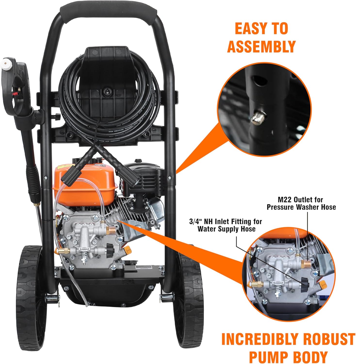 Hihg Pressure Washer 3200 PSI and 2.5 GPM, 5 QC Nozzle Tips and Onboard Soap Container for Cars/Fences/Patios/Driveways/Homes, EPA Compliant, Power Washer Gasoline Powered