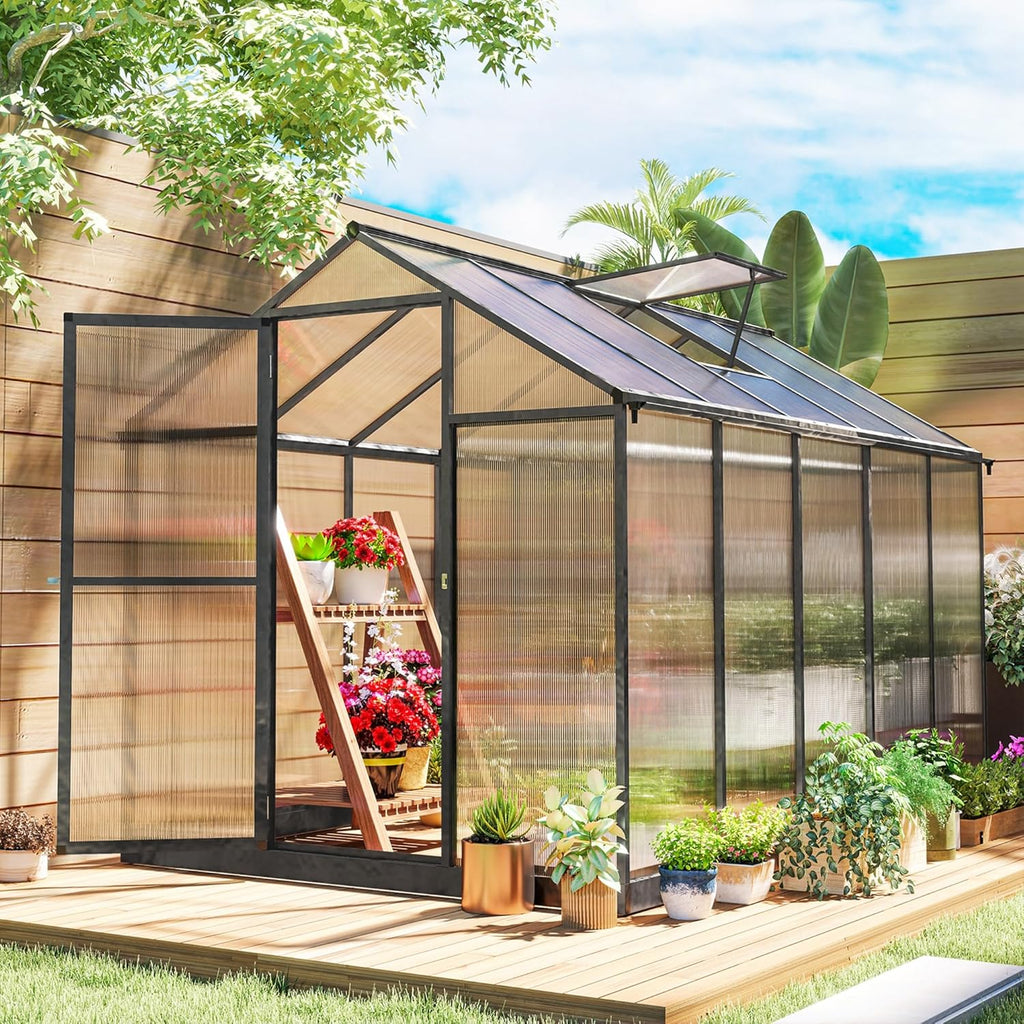 6' x 8' x 6.4' Polycarbonate Greenhouse, Aluminum Walk-in Green House Kit Garden, Plants Grow with Rain Gutter and Roof Vent