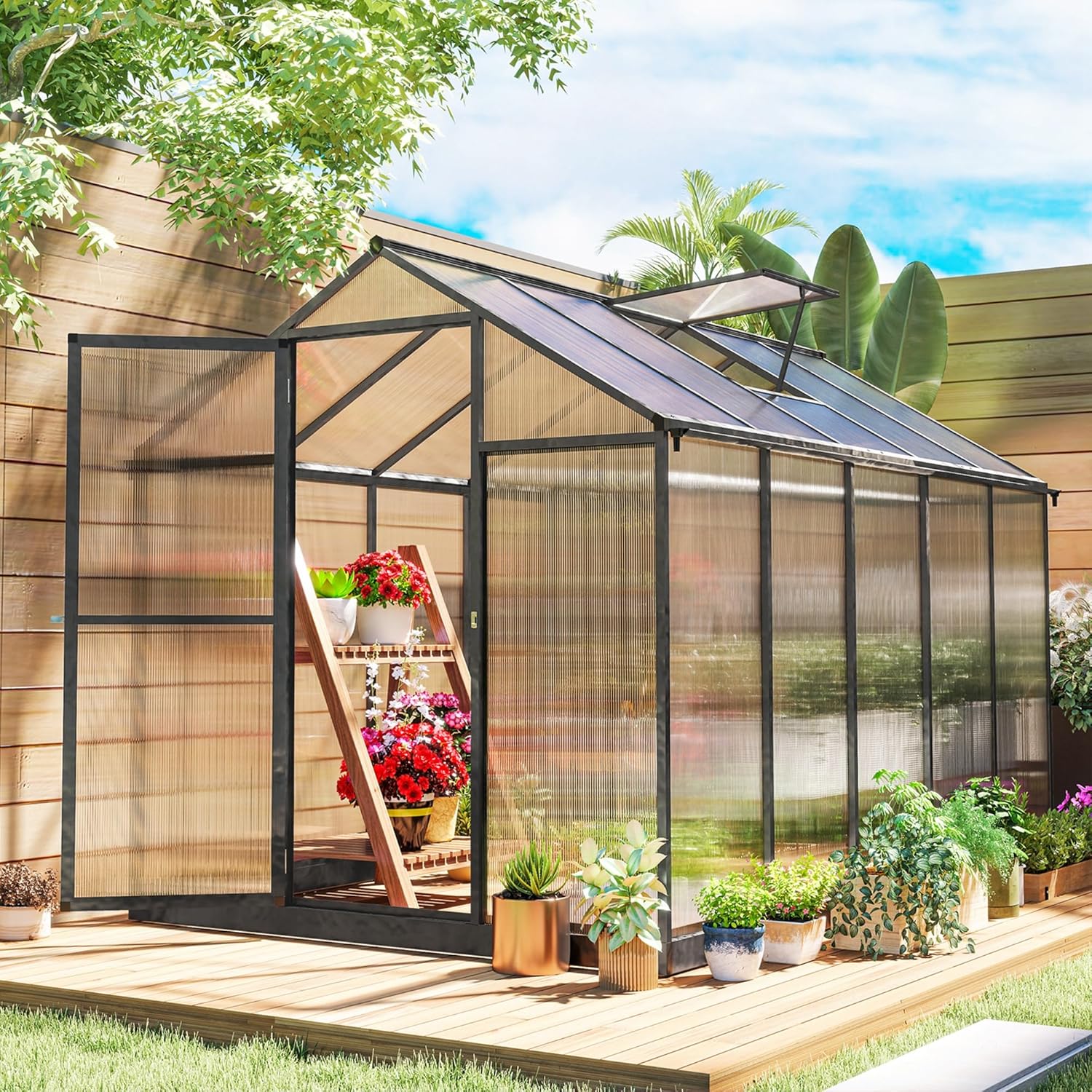 6' x 8' x 6.4' Polycarbonate Greenhouse, Aluminum Walk-in Green House Kit Garden, Plants Grow with Rain Gutter and Roof Vent