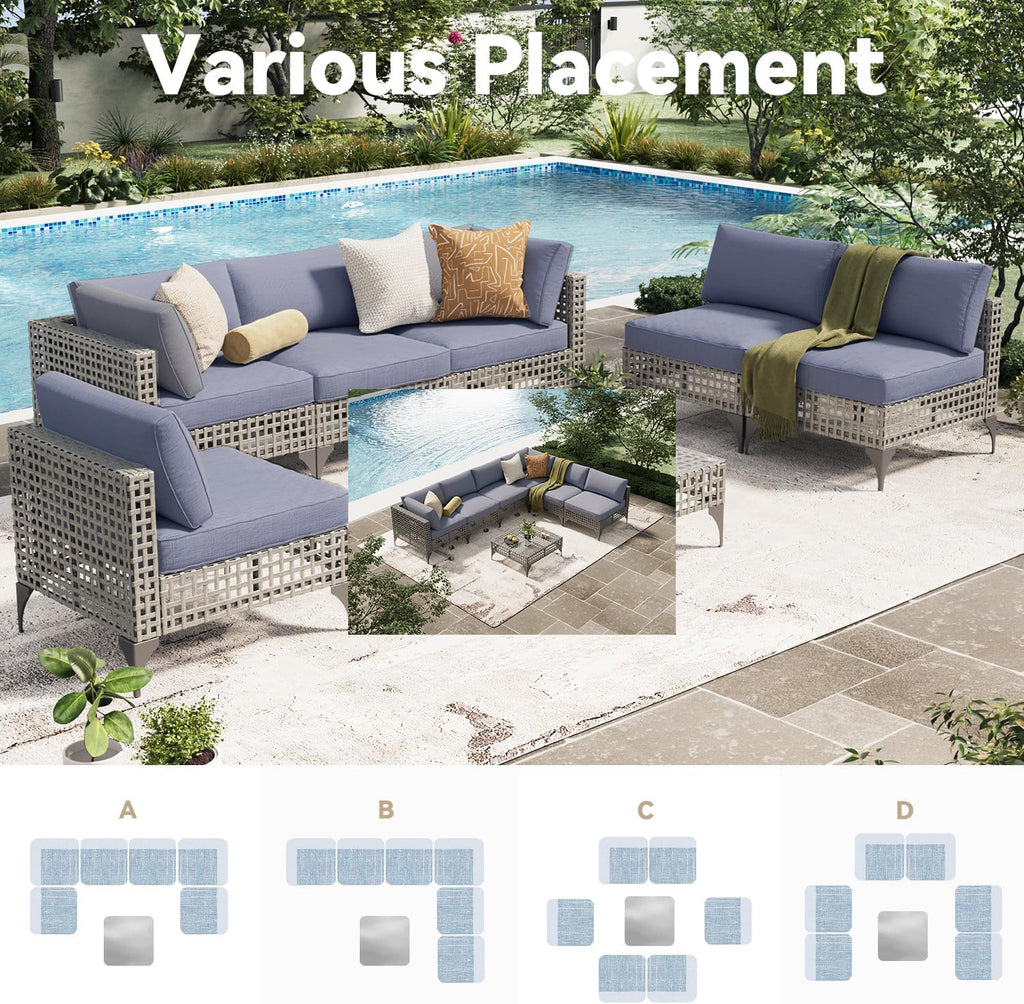 7 Piece Outdoor Patio Furniture Set, PE Rattan Wicker Sofa Set, Outdoor Sectional Furniture Chair Set with Navy Cushions and Tea Table, Black Rattan