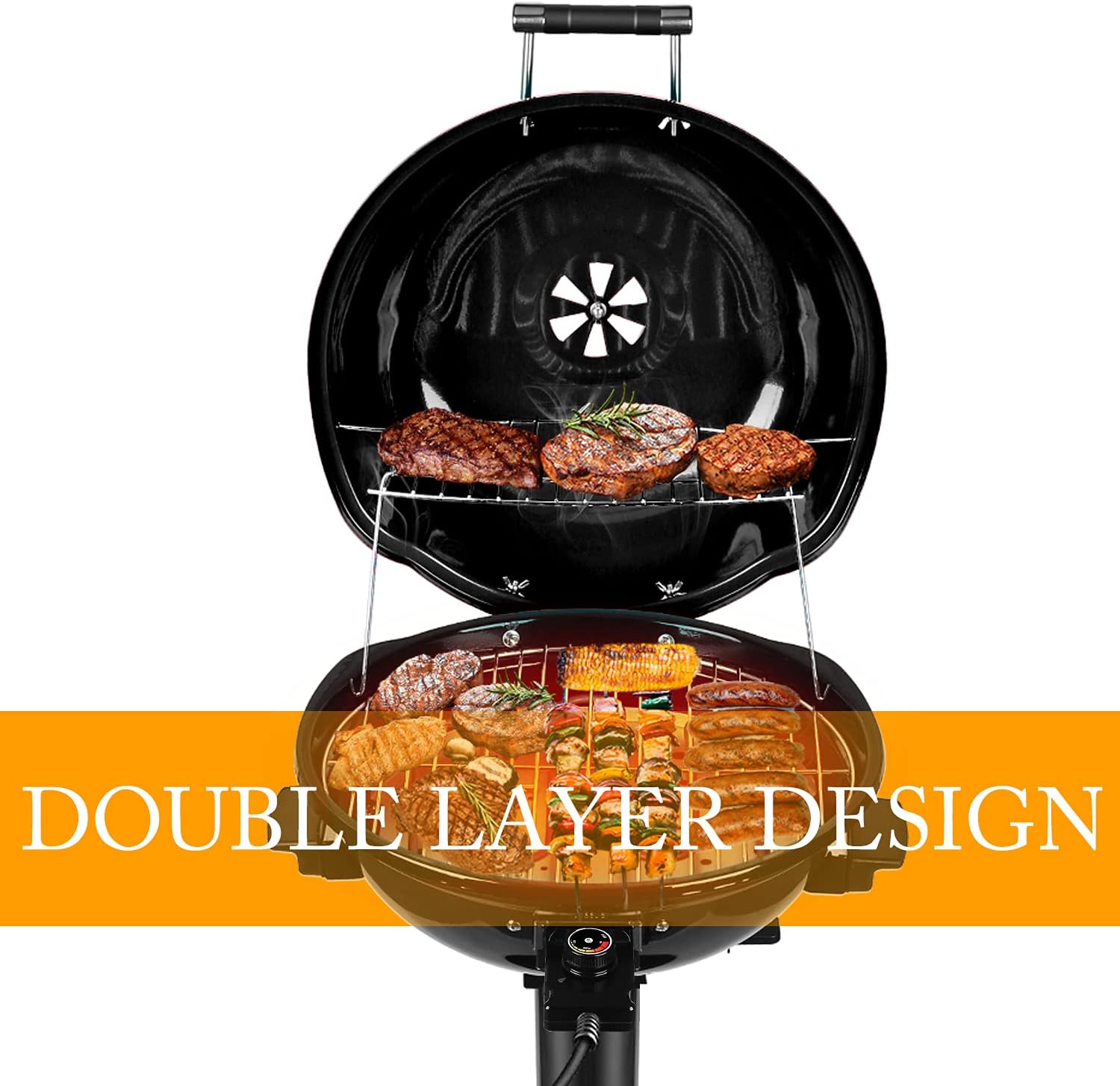 Electric barbecue grill, 15-person indoor/outdoor electric grill, suitable for indoor and outdoor use, double-layer design, portable detachable grill, power 1600 watts (fixed type, black)