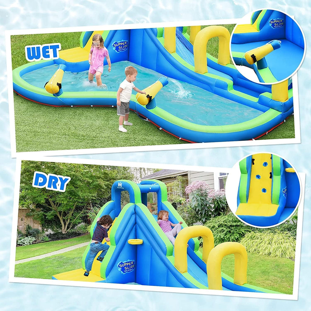 Inflatable Water Slides, 5 in 1 Kids Castle Bouncy House w/2 Water Cannons & Hose, Long Slides w/Arch, Climbing Wall & Splash Pool, Outdoor Blow Up Water Park for Backyard(Without Blower)