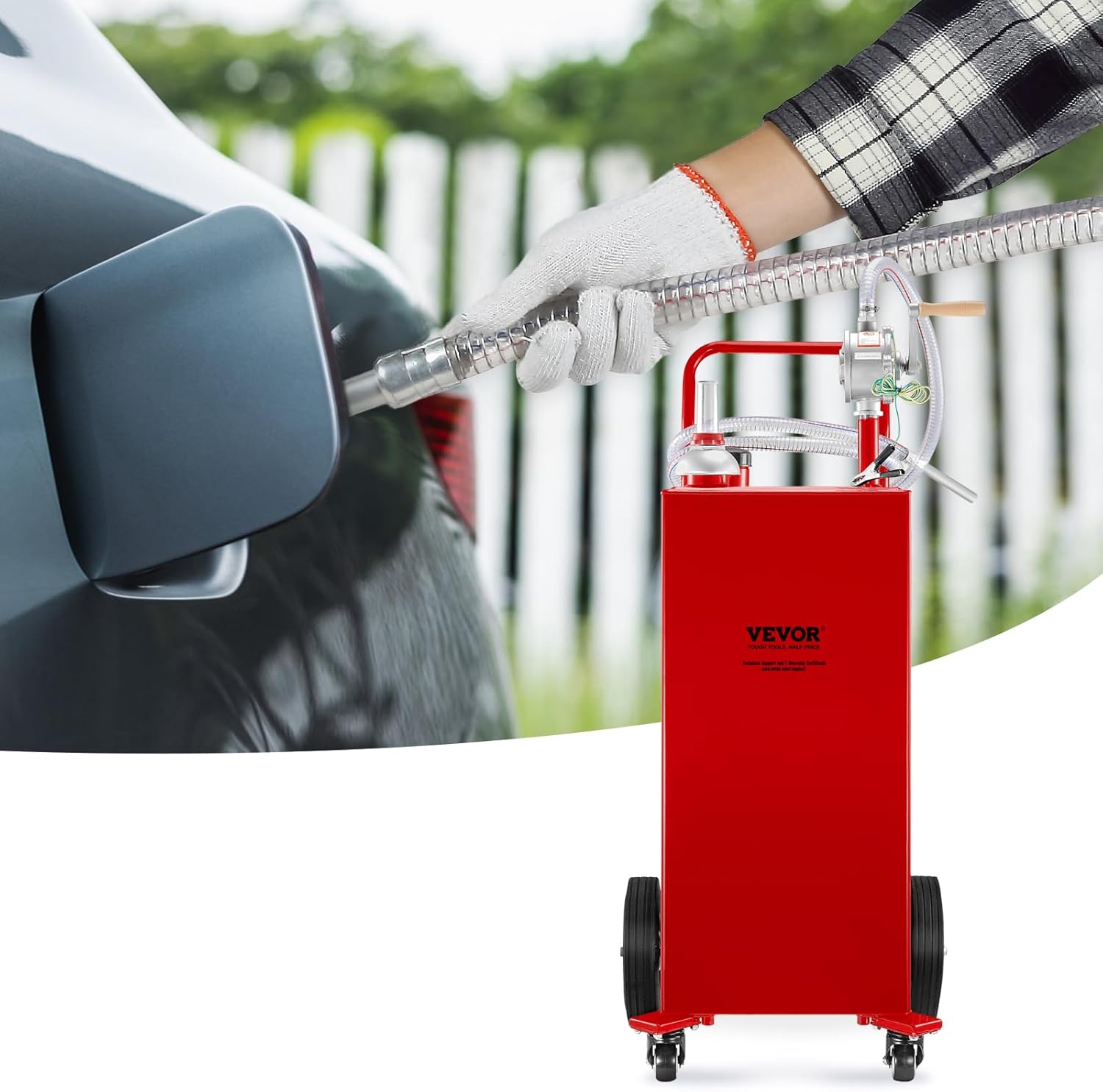 Gallon Fuel Caddy, Gas Storage Tank & 4 Wheels, with Manual Transfer Pump, Gasoline Diesel Fuel Container for Cars, Lawn Mowers, ATVs, Boats, More, Red