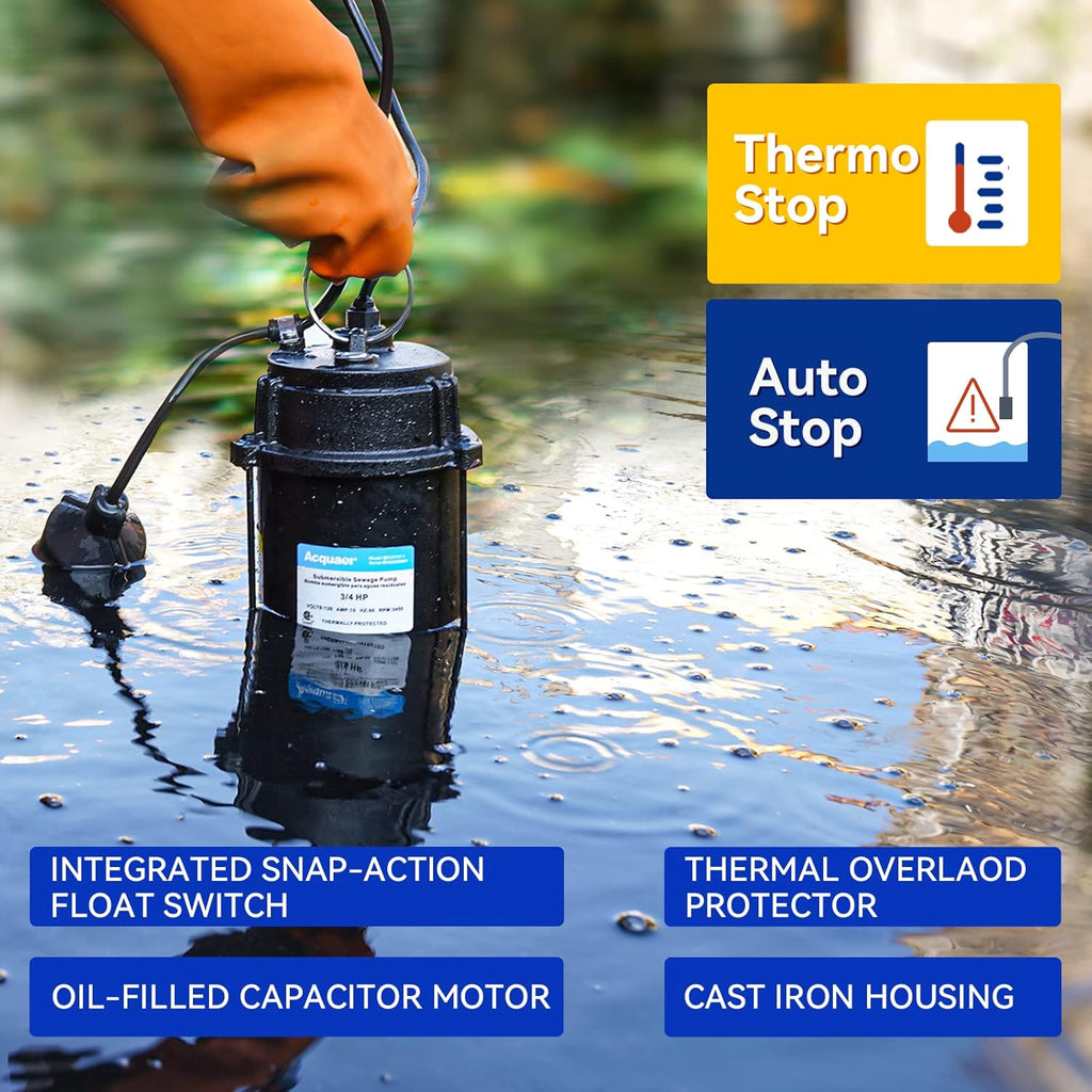 3/4 horsepower submersible sewage discharge pump, cast iron material, 115 volts, 6400 gallons per hour, automatic tethered float switch, for sewage pits, basements, and collection pits of residential sewage, 2-inch NPT outlet