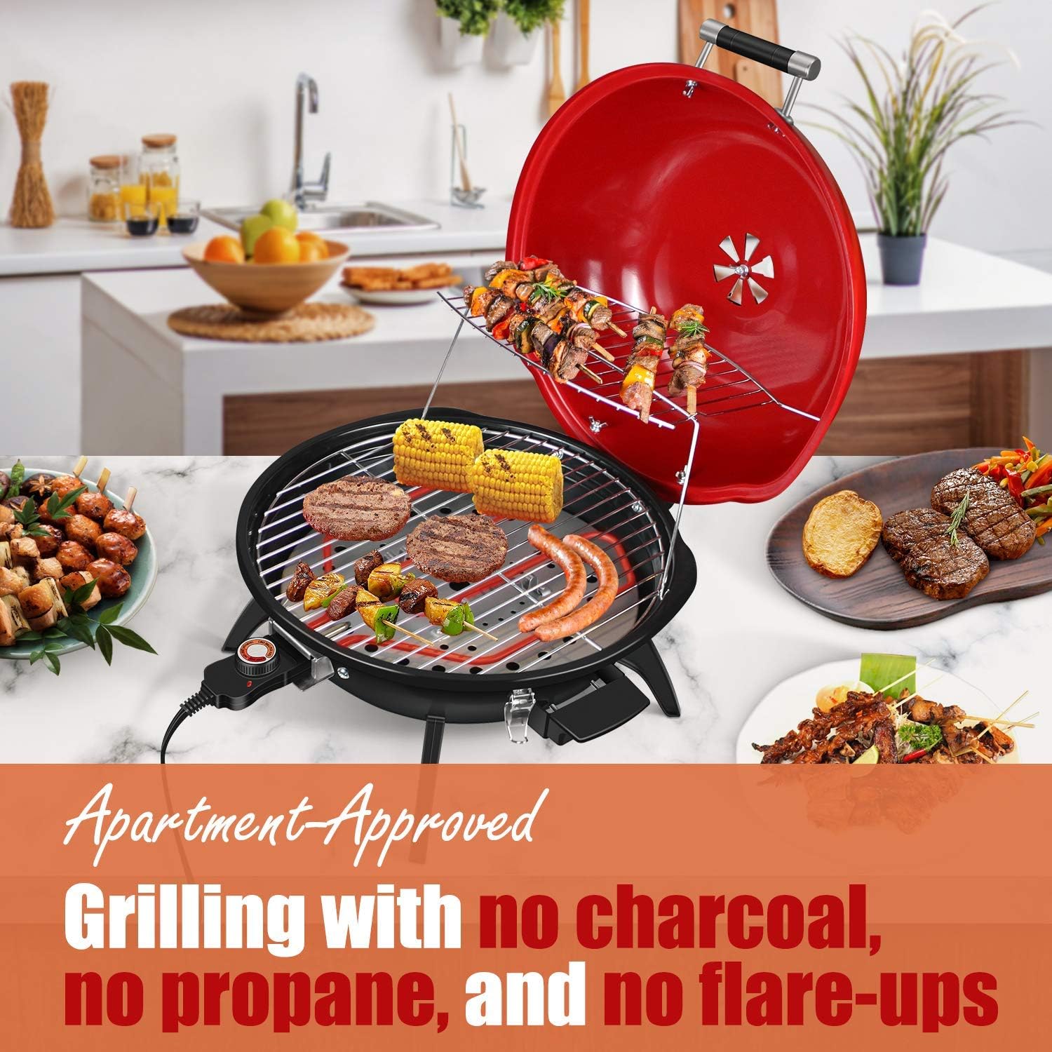 Electric barbecue grill, 15-person indoor/outdoor electric grill, suitable for indoor and outdoor use, double-layer design, portable detachable grill, power 1600 watts (fixed type, black)