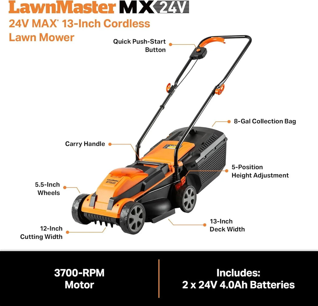 LawnMaster Cordless 13-Inch Lawn Mower 24V Max with 2X4.0Ah Battery and a Charger