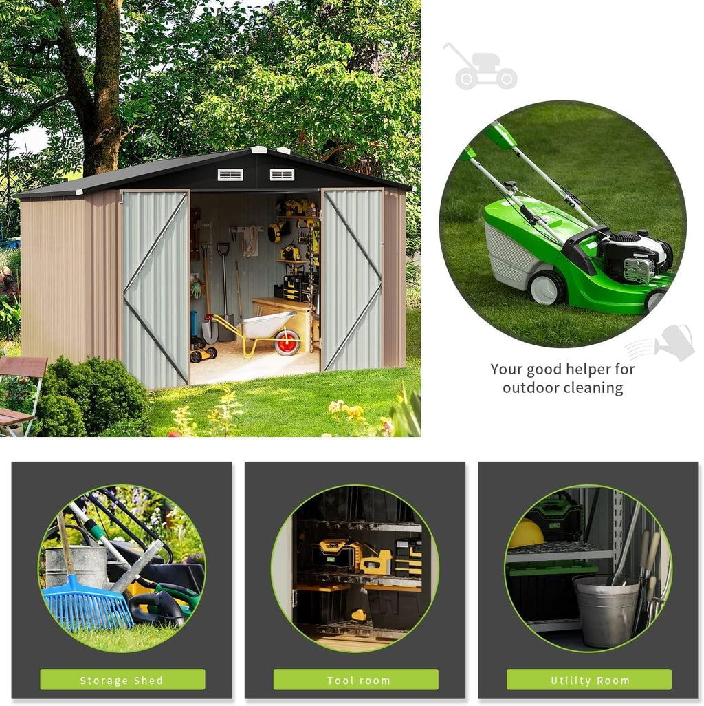 6' x 4' Outdoor Storage Shed, Metal Tool Shed with Lockable Door, Metal Garbage Can, Storage House for Backyard, Garden, Patio, Lawn, Brown