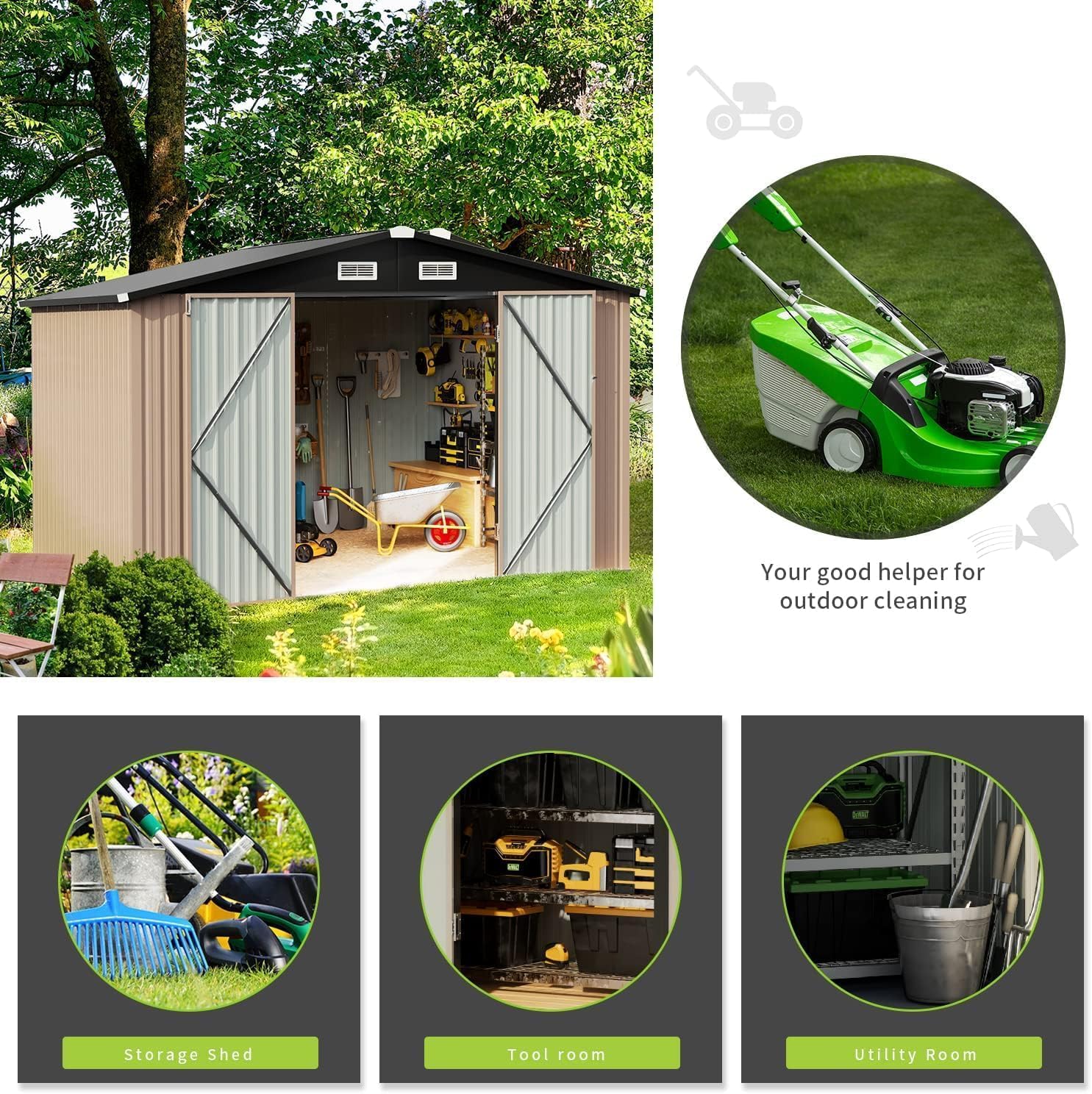 6' x 4' Outdoor Storage Shed, Metal Tool Shed with Lockable Door, Metal Garbage Can, Storage House for Backyard, Garden, Patio, Lawn, Brown