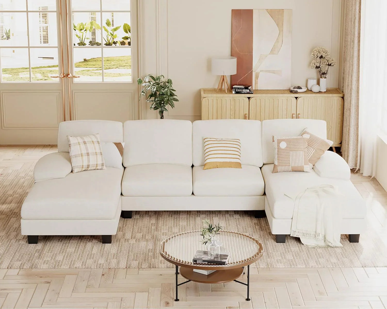 JUMMICO Sectional Couches for Living Room, U Shaped Couch with Chenille Fabric, 4 Seat Modern Sofa with Removable Pillows for Apartment and Small Space (Fabric, Grey)