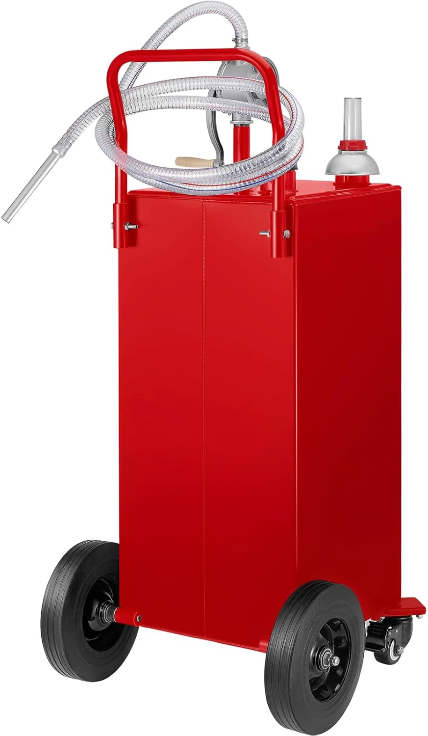 Gallon Fuel Caddy, Gas Storage Tank & 4 Wheels, with Manual Transfer Pump, Gasoline Diesel Fuel Container for Cars, Lawn Mowers, ATVs, Boats, More, Red