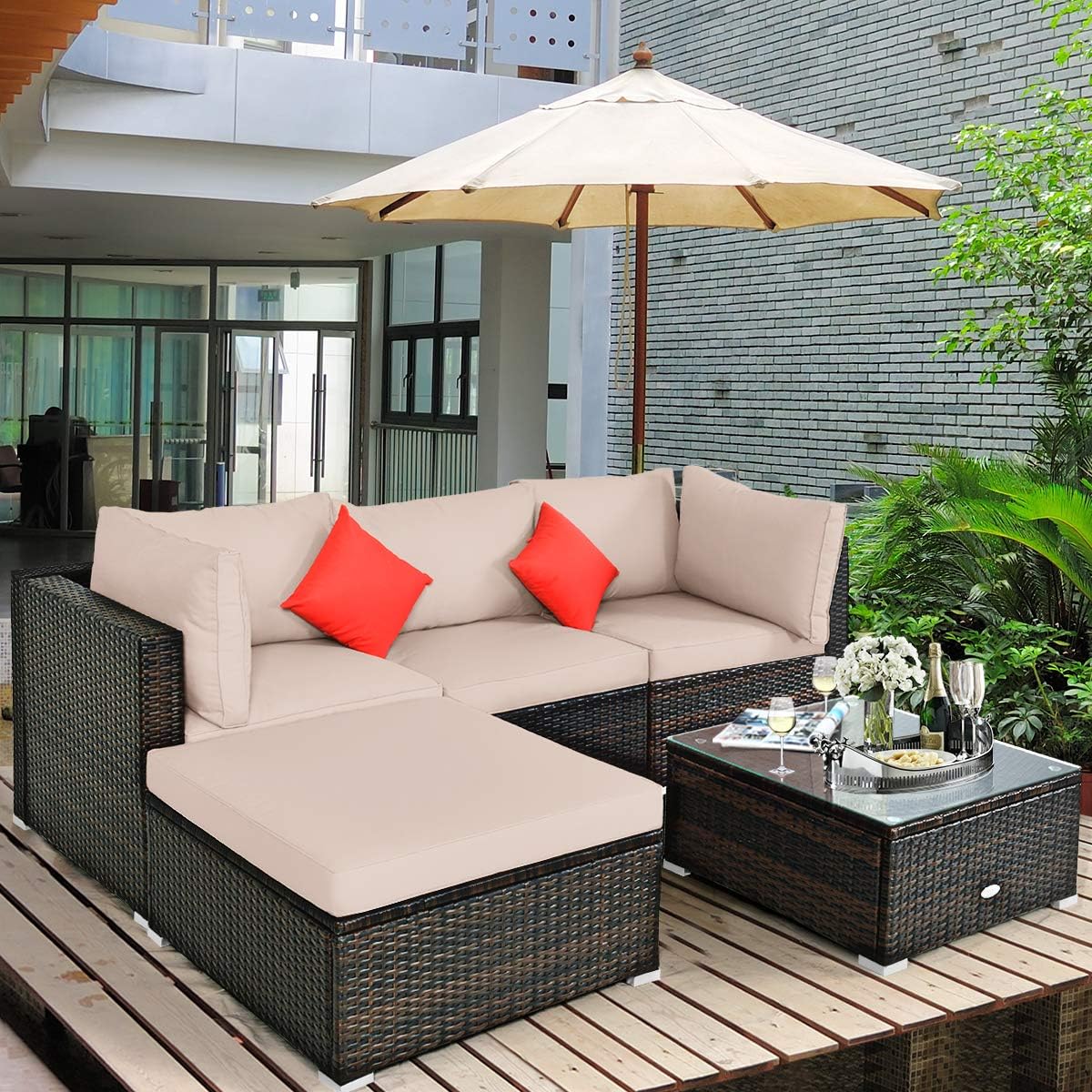 5 Piece Outdoor Patio Furniture, L-Shaped Wicker Sectional Sofa with Tempered Glass Table, Ottoman, 3 Single Chairs, Rattan Conversation Set for Backyard, Porch, Balcony, Beige