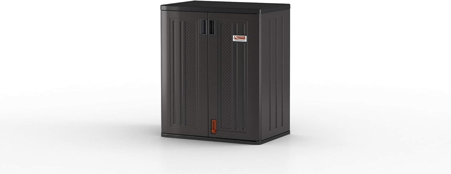Suncast Commercial Heavy-Duty 9 Cubic Ft. Resin Storage Cabinet with Lockable Handles, Adjustable Metal-Reinforced Shelves for Garage or Workspace, Black, Made in The USA