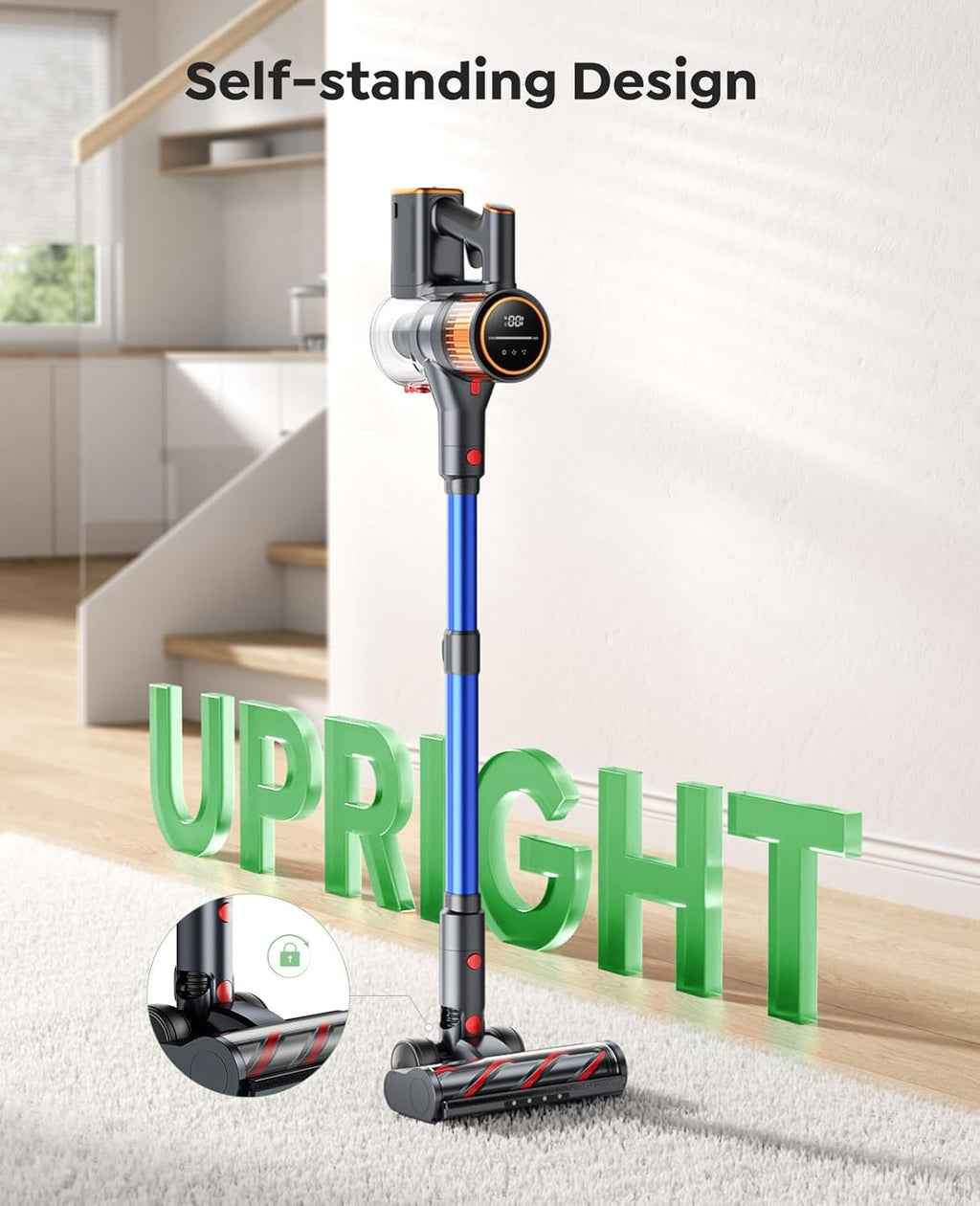 Cordless Vacuum Cleaner, 550W 45Kpa Self-Standing Vacuum Cleaners with 60 Mins Runtime, Powerful Cordless Vacuum with Wall Mount Charging, Stick Vacuum for Home/Pet Hair/Carpets/Hard Floors