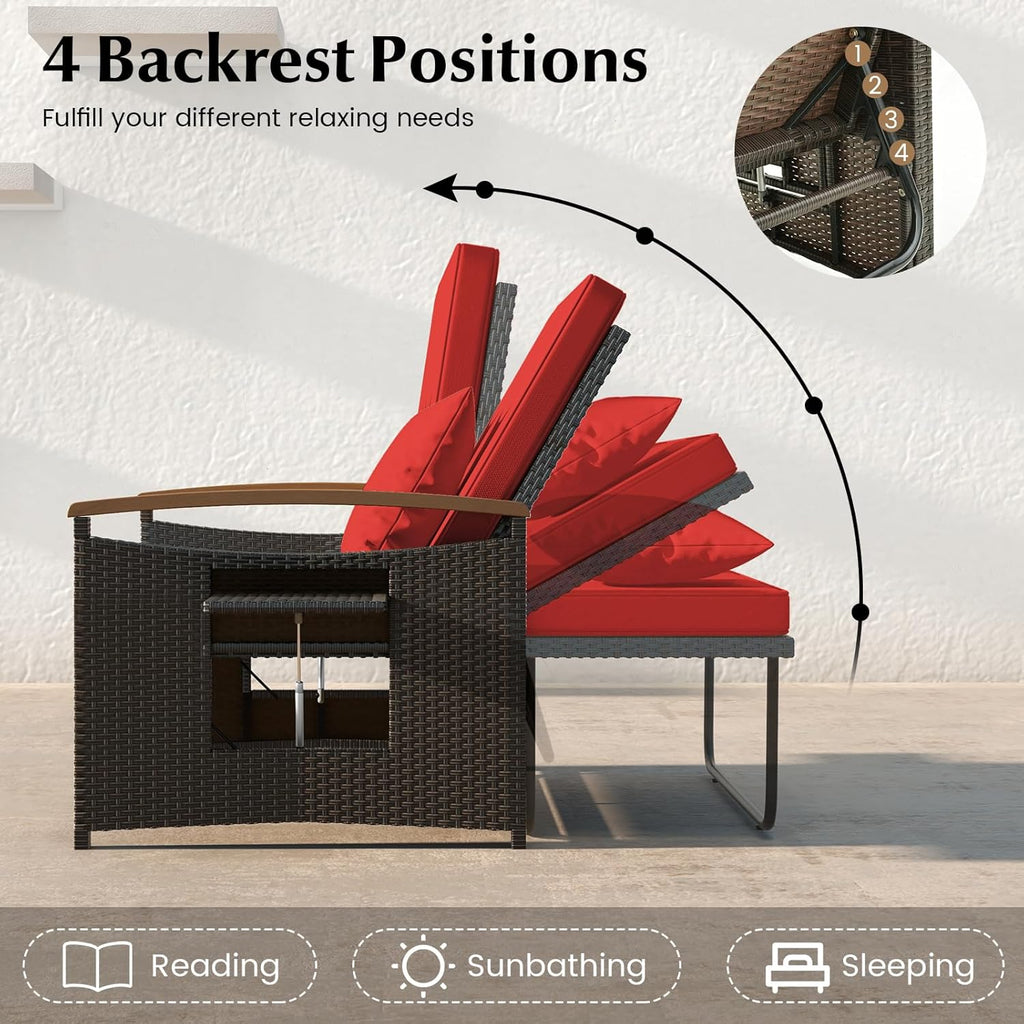 Outdoor Wicker Sofa Daybed, Rattan Loveseat with Folding Panels & Storage Ottoman, 4-Level Adjustable Backrest, Cozy Cushions Included, Sun Lounger Daybed for Backyard Porch,