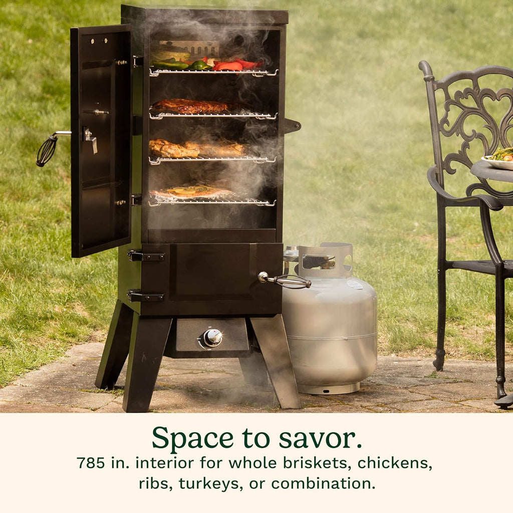 Vertical Propane Smoker, 4 Removable Racks, Spacious BBQ Smoker with Wood and Water Trays, 15,000 BTU Heat for Smoked Meat, Brisket, Jerky,
