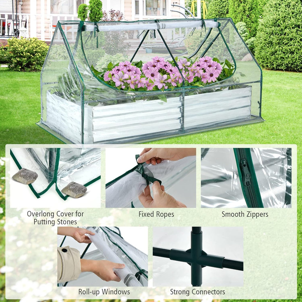 Galvanized Steel Raised Garden Bed with Mini Greenhouse, Outdoor Metal Planter Box Kit with Large Roll-up Cover, 71"x 35.5"x 36" Planter Raised Bed for Flower Vegetable Fruit (Green & Silver)