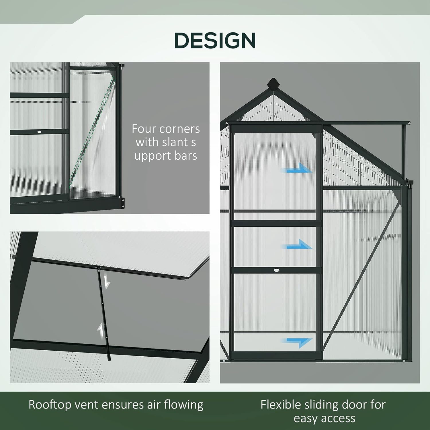 Outsunny 6' x 6' x 6.6' Polycarbonate Greenhouse, Walk-in Green House Kit Garden, Plants Grow, Galvanized Sheet Aluminum Frame with Rain Gutter, Vent and Sliding Door, Grey