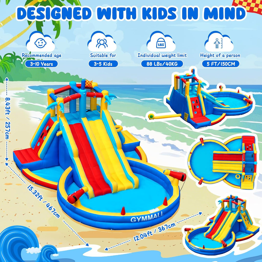 Inflatable Water Slide Bounce House with 550 W Blower, 8-in-1 Blow up Bouncy Castle Waterslide Park for Kids Outdoor and Indoor, Bouncer House with Large Pool, Double Slides and Climbing Walls