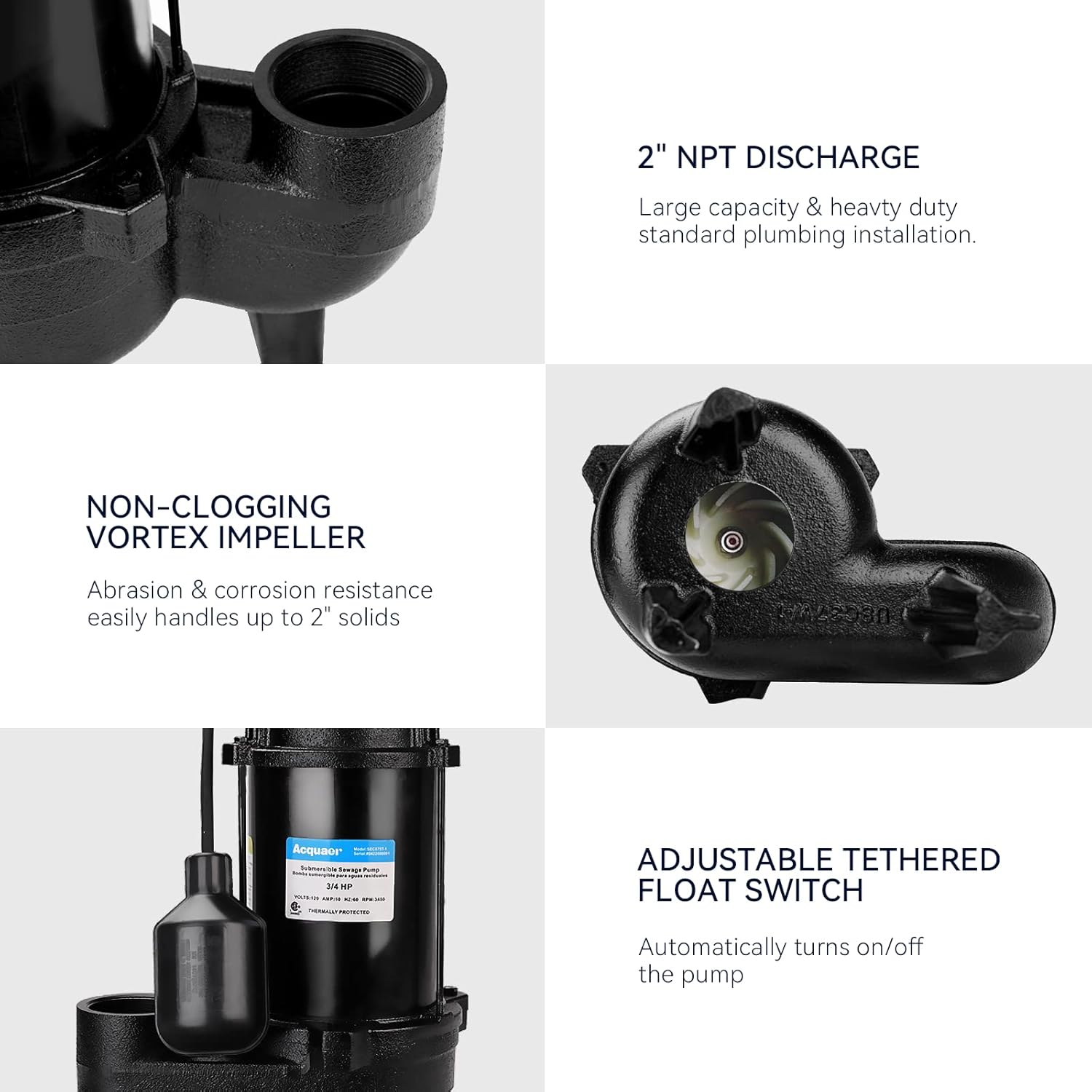 3/4 horsepower submersible sewage discharge pump, cast iron material, 115 volts, 6400 gallons per hour, automatic tethered float switch, for sewage pits, basements, and collection pits of residential sewage, 2-inch NPT outlet