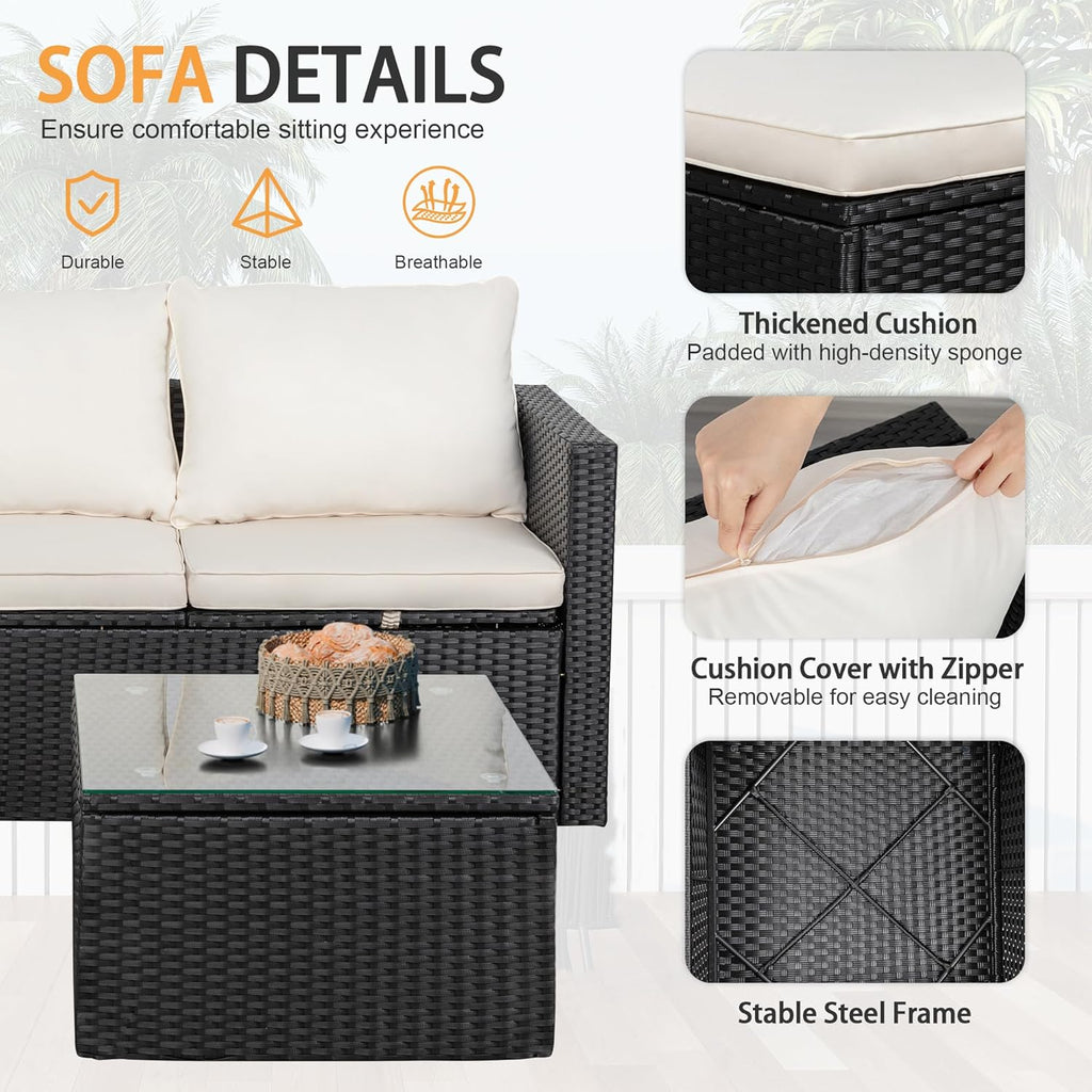 Outdoor Patio Furniture Sets, Small Outdoor Sofa Patio Sectional Sets 3-Piece All Weather Wicker Rattan Patio Seating Sofas with Glass Coffee Table and Cushion (Beige)