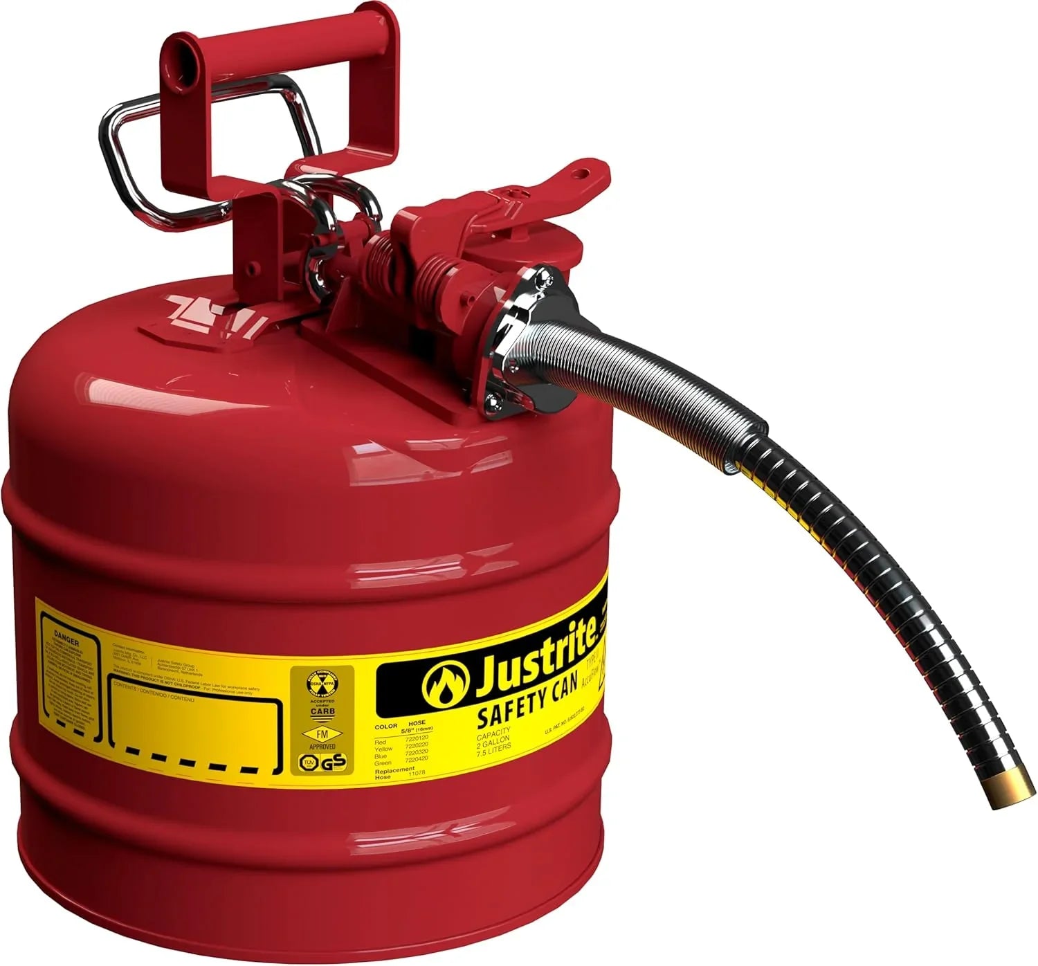 Justrite 5-Gallon Type II Red Safety Gas Can �� OSHA-Approved Steel Fuel Container with Flame Arrester, Self-Closing Lid & 1" Flexible Spout (7250130)