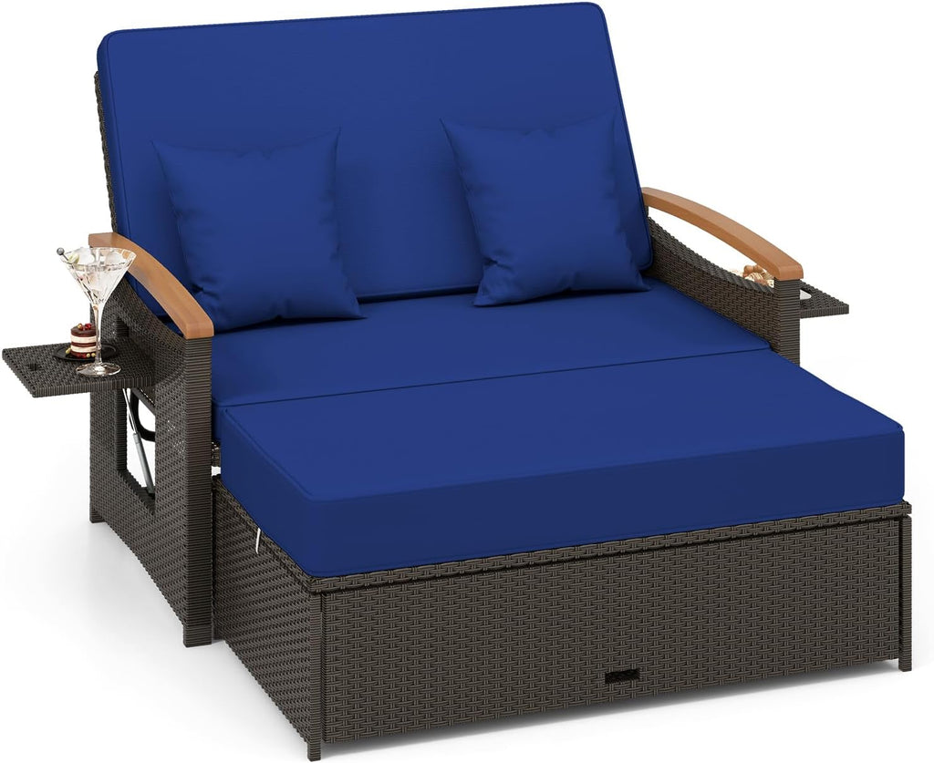 Outdoor Wicker Sofa Daybed, Rattan Loveseat with Folding Panels & Storage Ottoman, 4-Level Adjustable Backrest, Cozy Cushions Included, Sun Lounger Daybed for Backyard Porch,