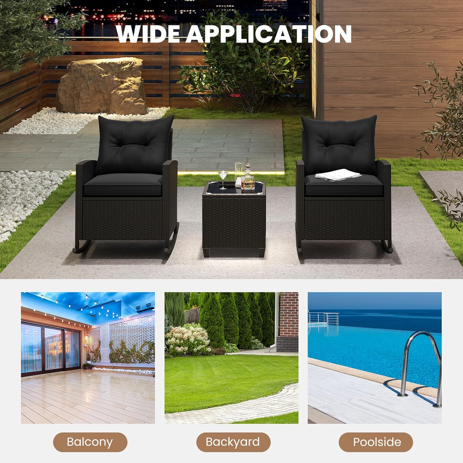 3 Pieces Patio Furniture Set, Outdoor Wicker Rocking Chairs with Soft Cushions, Glass Coffee Table, Rattan Conversation Bistro Rocker Set for Front Porch Balcony Garden Deck Poolside (Red)