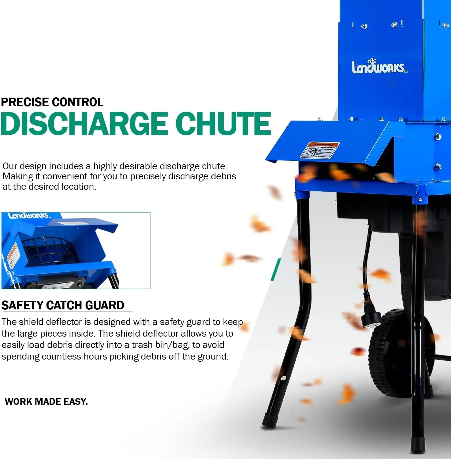 Landworks Leaf Mulcher Shredder Electric Green and Waste Management Heavy Duty 120V AC 11" Inch Cutting Blade .5" Inch Cutting Capacity for Leaves, Grass, & Clippings