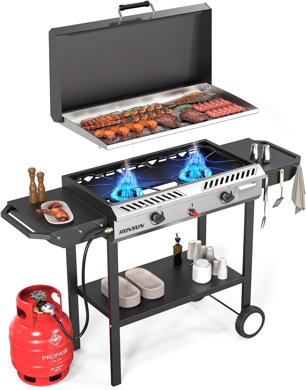 2 Burner Outdoor Propane Gas Stove with Griddle, Auto-ignition, Regulator & Side Shelves, 150,000 BTU Powerful Stand Cooker for Backyard Cooking Home Brewing Canning Frying Grilling