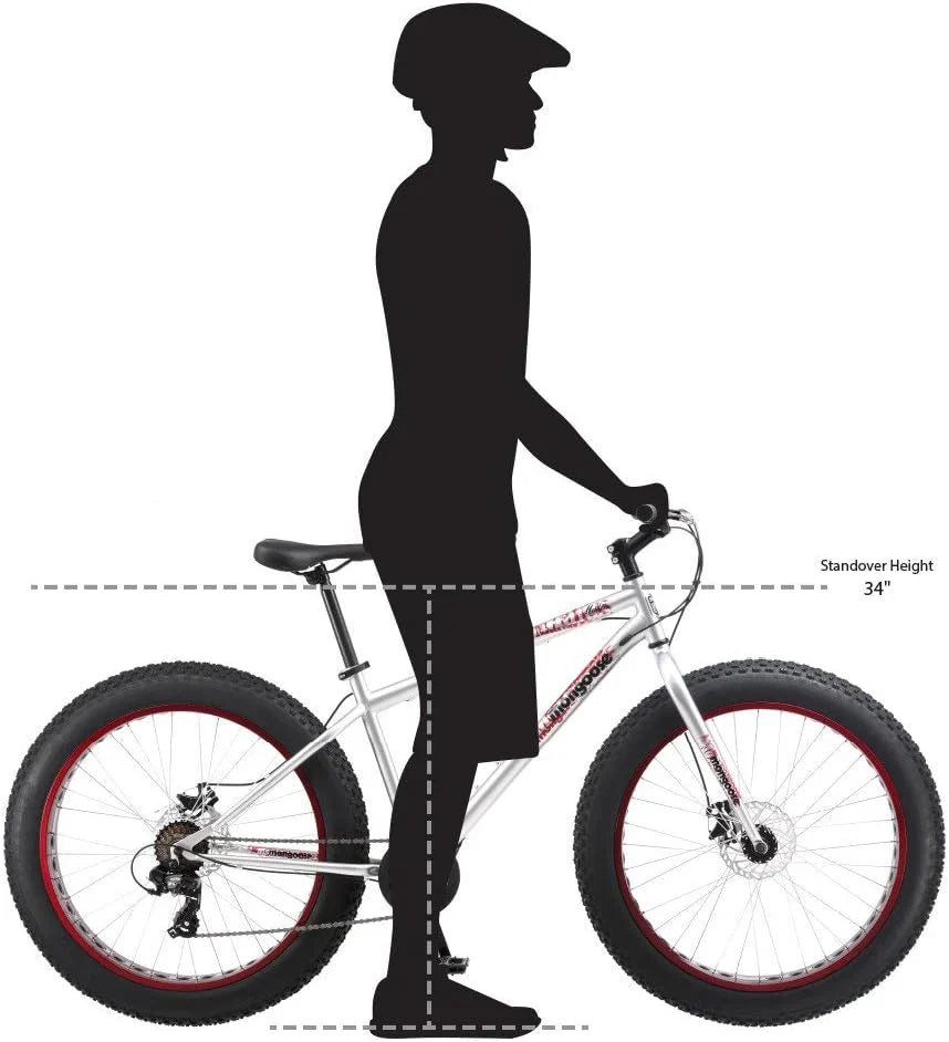 Malus Mens and Women Fat Tire Mountain Bike, 26-Inch Bicycle Wheels, 4-Inch Wide Knobby Tires, Steel Frame, 7 Speed Drivetrain, Shimano Rear Derailleur, Disc Brakes