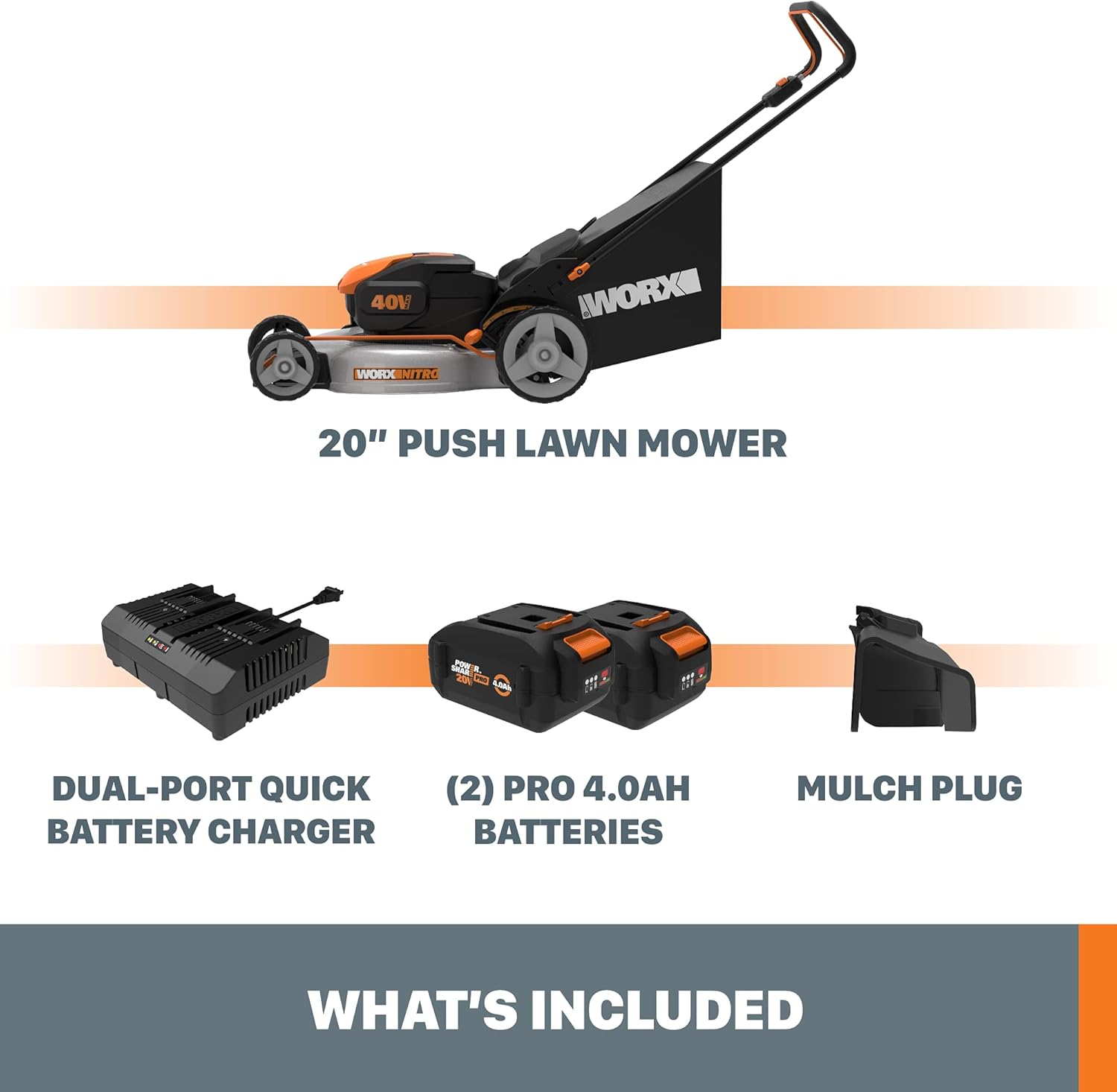 40V Power Share 20” Push Lawn Mower with Two 4.0Ah High-Capacity Batteries, Black and Orange