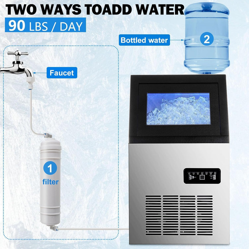 Commercial Ice Maker Machine, 90lbs/24H Ice Maker Machine with 33LBS Storage Bin, Stainless Steel Freestanding Ice Machine, Tap Water & Top Loading Under Counter ice Machine for Restaurant