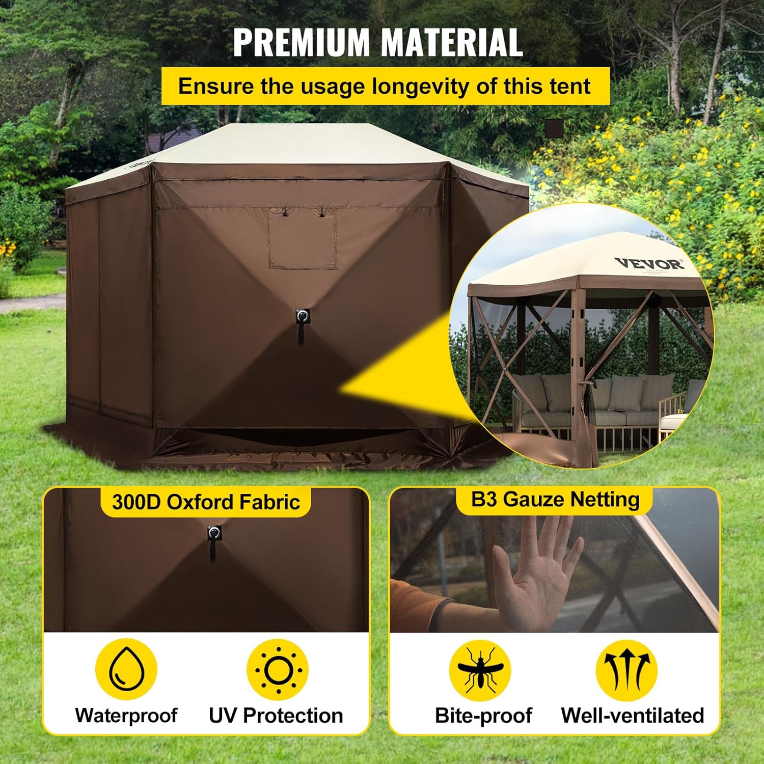 Camping awning tent, with dimensions of 12 feet by 12 feet, a hexagonal foldable sunshade tent, suitable for 8 people camping, IPX3 waterproof awning, equipped with a portable storage bag, ground stakes, mesh windows, in colors of brown and beige.