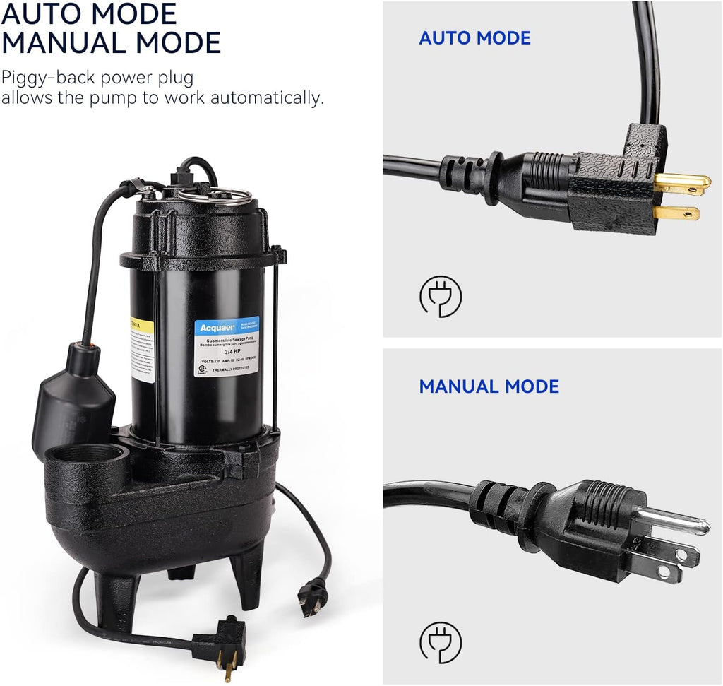 3/4 horsepower submersible sewage discharge pump, cast iron material, 115 volts, 6400 gallons per hour, automatic tethered float switch, for sewage pits, basements, and collection pits of residential sewage, 2-inch NPT outlet