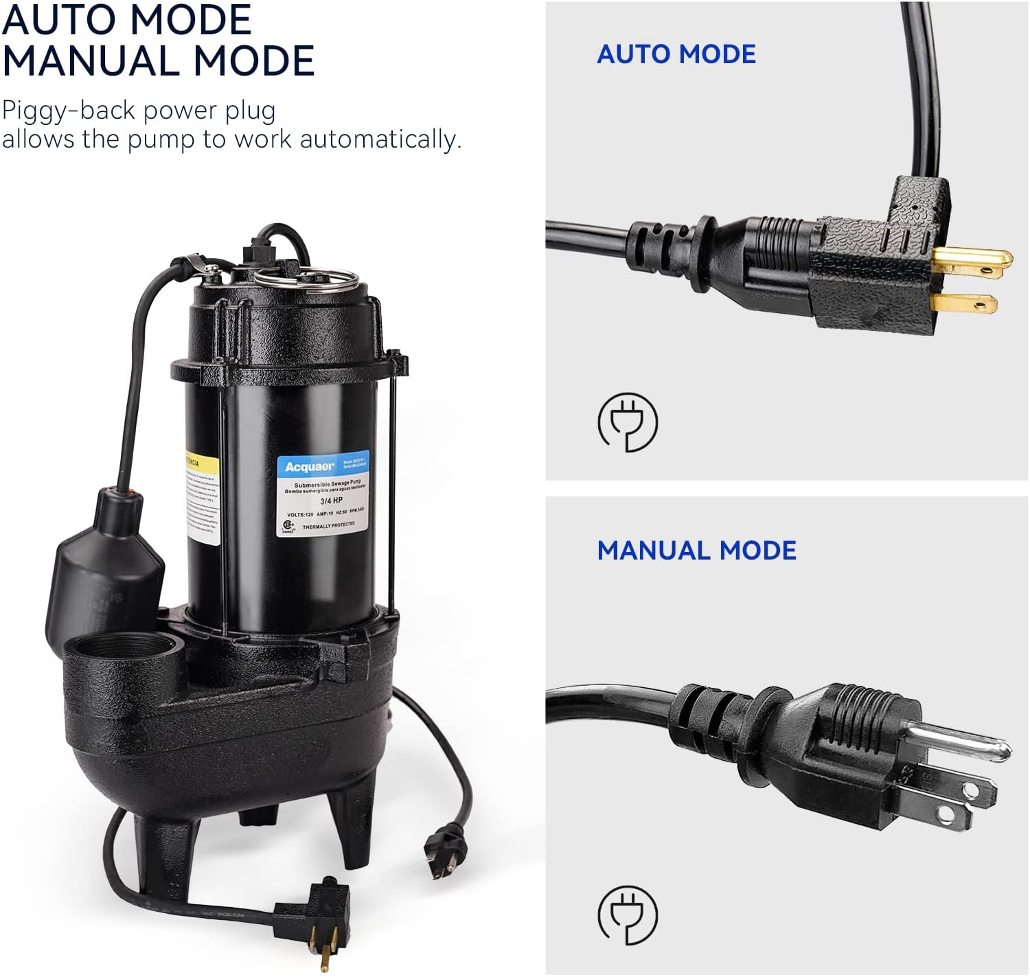 3/4 horsepower submersible sewage discharge pump, cast iron material, 115 volts, 6400 gallons per hour, automatic tethered float switch, for sewage pits, basements, and collection pits of residential sewage, 2-inch NPT outlet