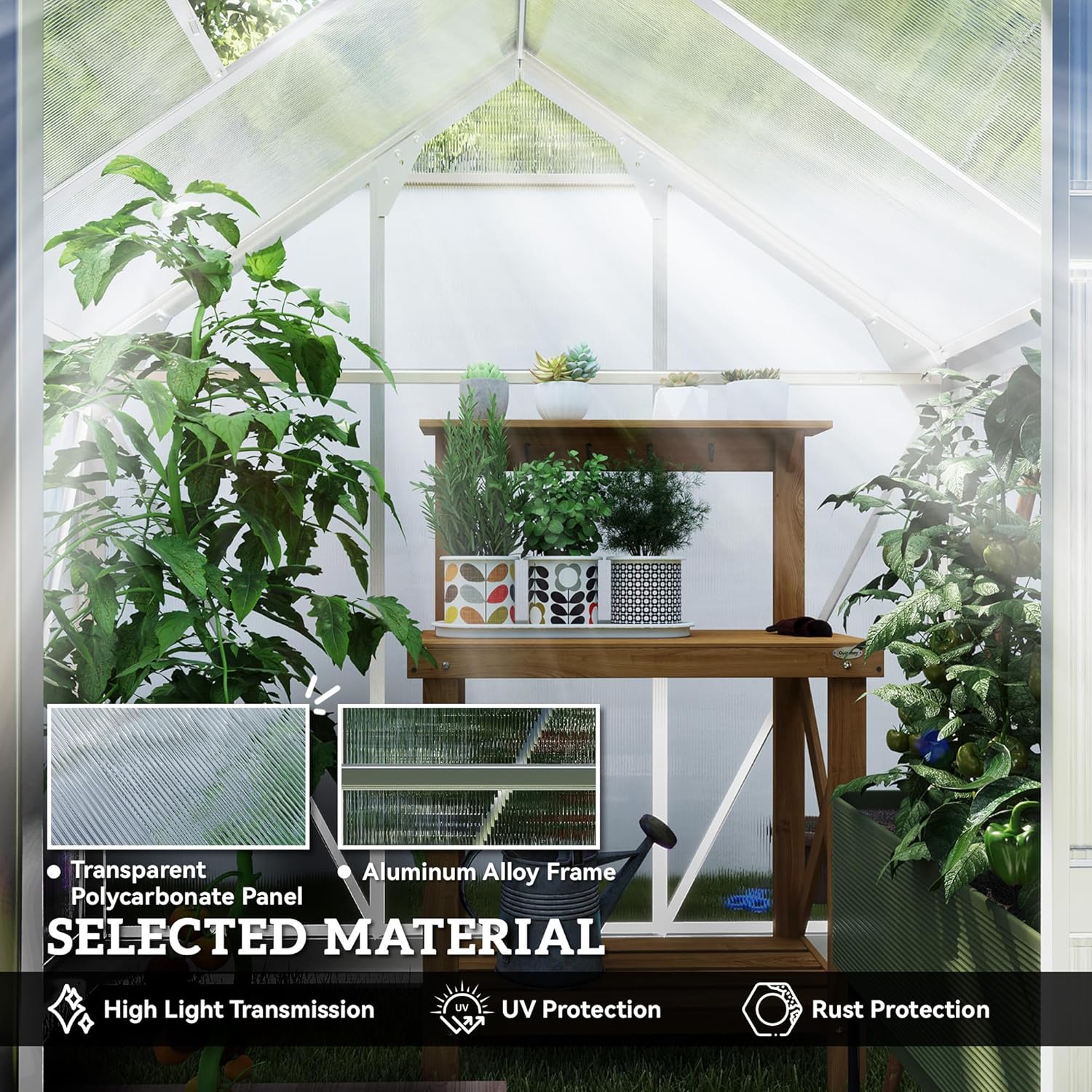 Outsunny 6' x 6' x 6.6' Polycarbonate Greenhouse, Walk-in Green House Kit Garden, Plants Grow, Galvanized Sheet Aluminum Frame with Rain Gutter, Vent and Sliding Door, Grey