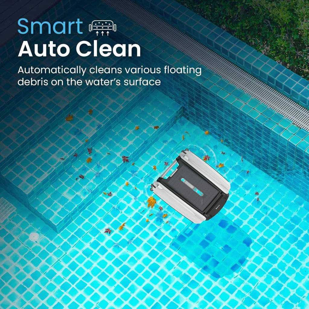 SE features a solar-powered automatic pool skimmer robot, with enhanced internal durability and a redesigned dual-salt chlorine-resistant motor (white)