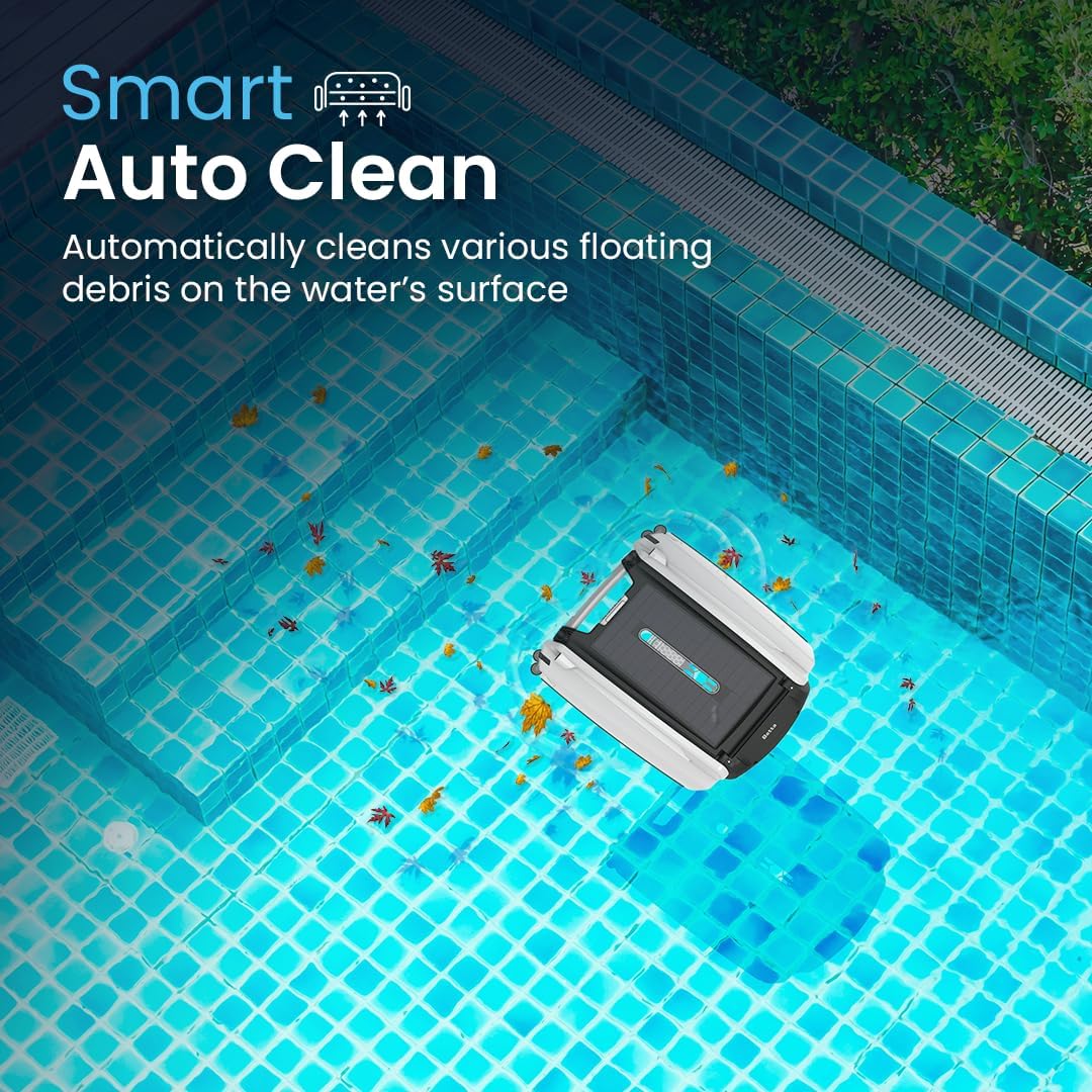 SE features a solar-powered automatic pool skimmer robot, with enhanced internal durability and a redesigned dual-salt chlorine-resistant motor (white)