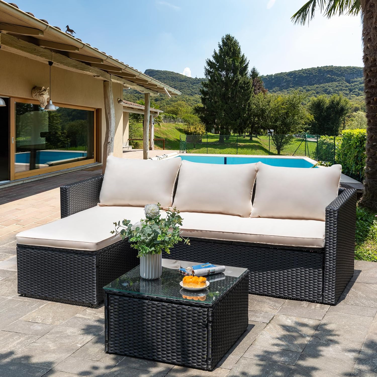 Outdoor Patio Furniture Sets, Small Outdoor Sofa Patio Sectional Sets 3-Piece All Weather Wicker Rattan Patio Seating Sofas with Glass Coffee Table and Cushion (Beige)