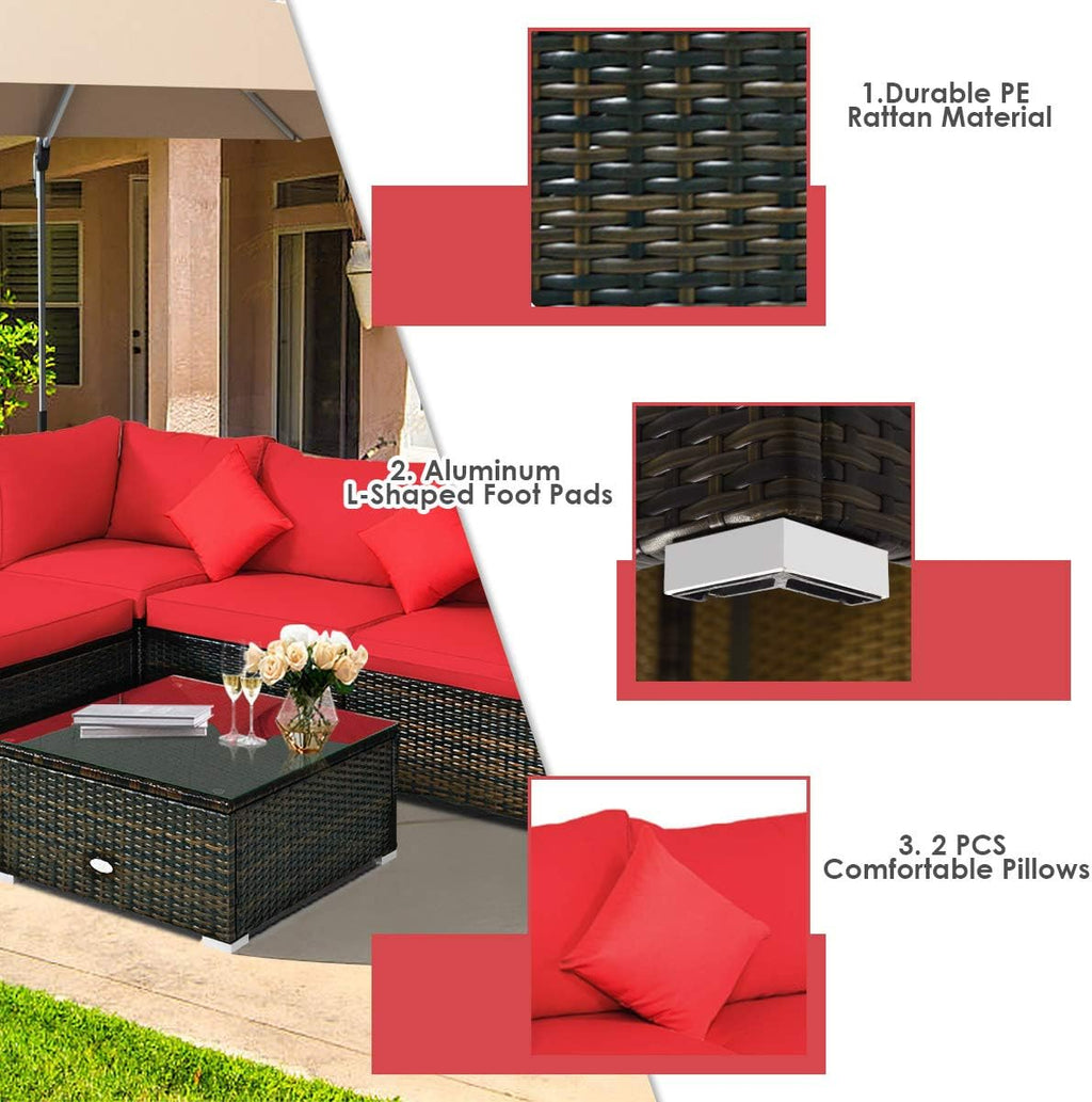 5 Piece Outdoor Patio Furniture, L-Shaped Wicker Sectional Sofa with Tempered Glass Table, Ottoman, 3 Single Chairs, Rattan Conversation Set for Backyard, Porch, Balcony, Beige