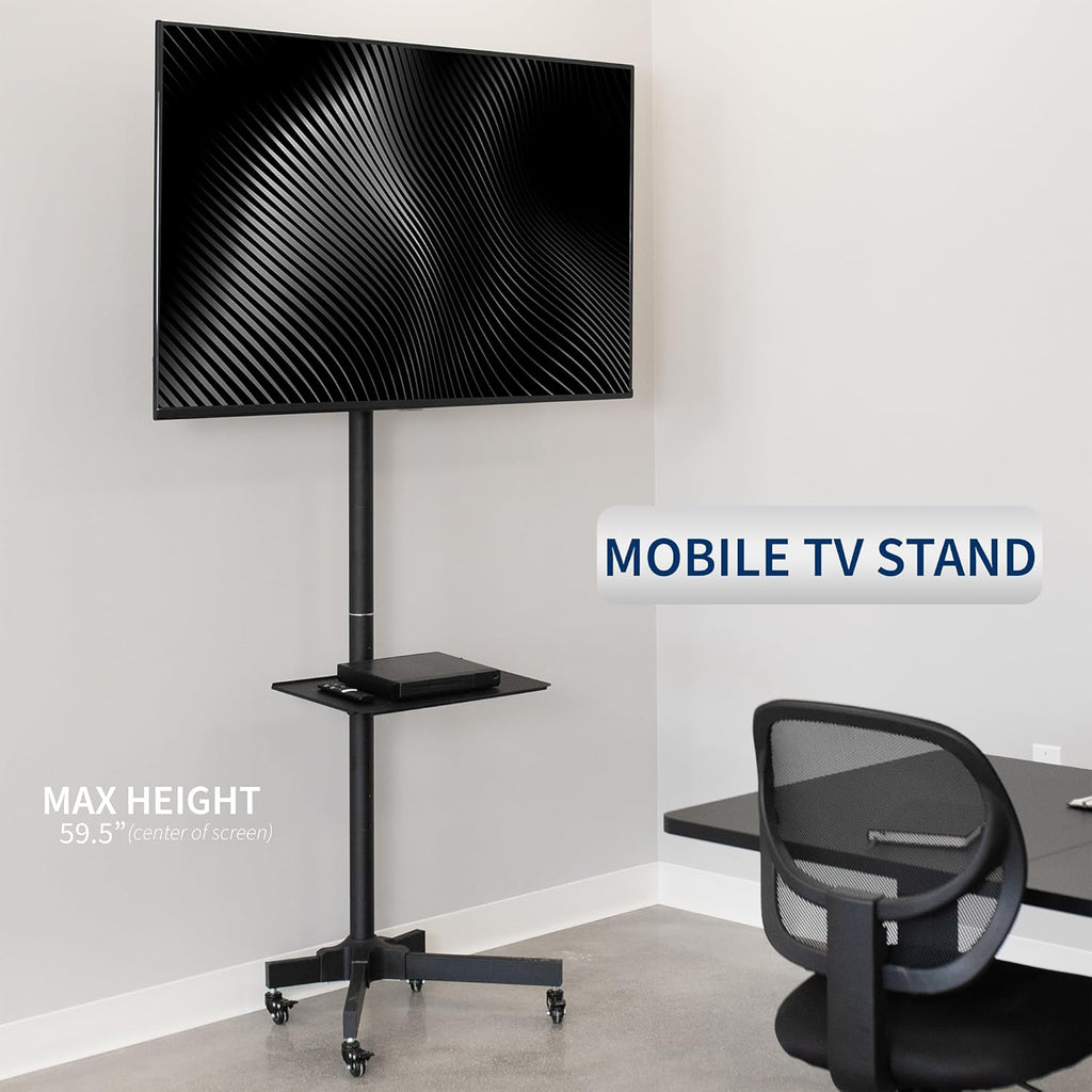 Suitable for mobile TV carts with screens ranging from 32 to 83 inches and weighing no more than 110 pounds. Equipped with LCD, LED, OLED 4K smart flat and curved display screens, featuring rollable stands and laptop/DVD stands, and equipped with loc