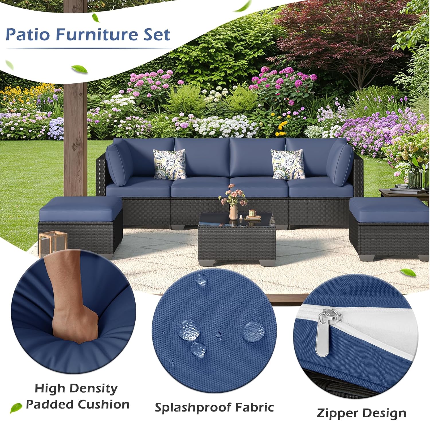 7 Piece Outdoor Patio Furniture Set, PE Rattan Wicker Sofa Set, Outdoor Sectional Furniture Chair Set with Navy Cushions and Tea Table, Black Rattan