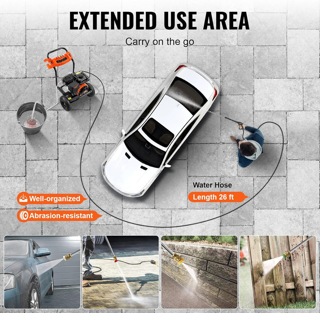 3400 PSI 2.6 GPM, Gas Powered Pressure Washer with Aluminum Pump, Spray Gun and Extension Wand, 5 Quick Connect Nozzles, for Cleaning Cars, Homes, Driveways, Patios