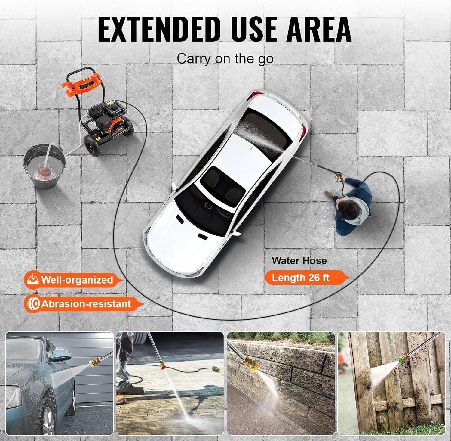 3400 PSI 2.6 GPM, Gas Powered Pressure Washer with Aluminum Pump, Spray Gun and Extension Wand, 5 Quick Connect Nozzles, for Cleaning Cars, Homes, Driveways, Patios